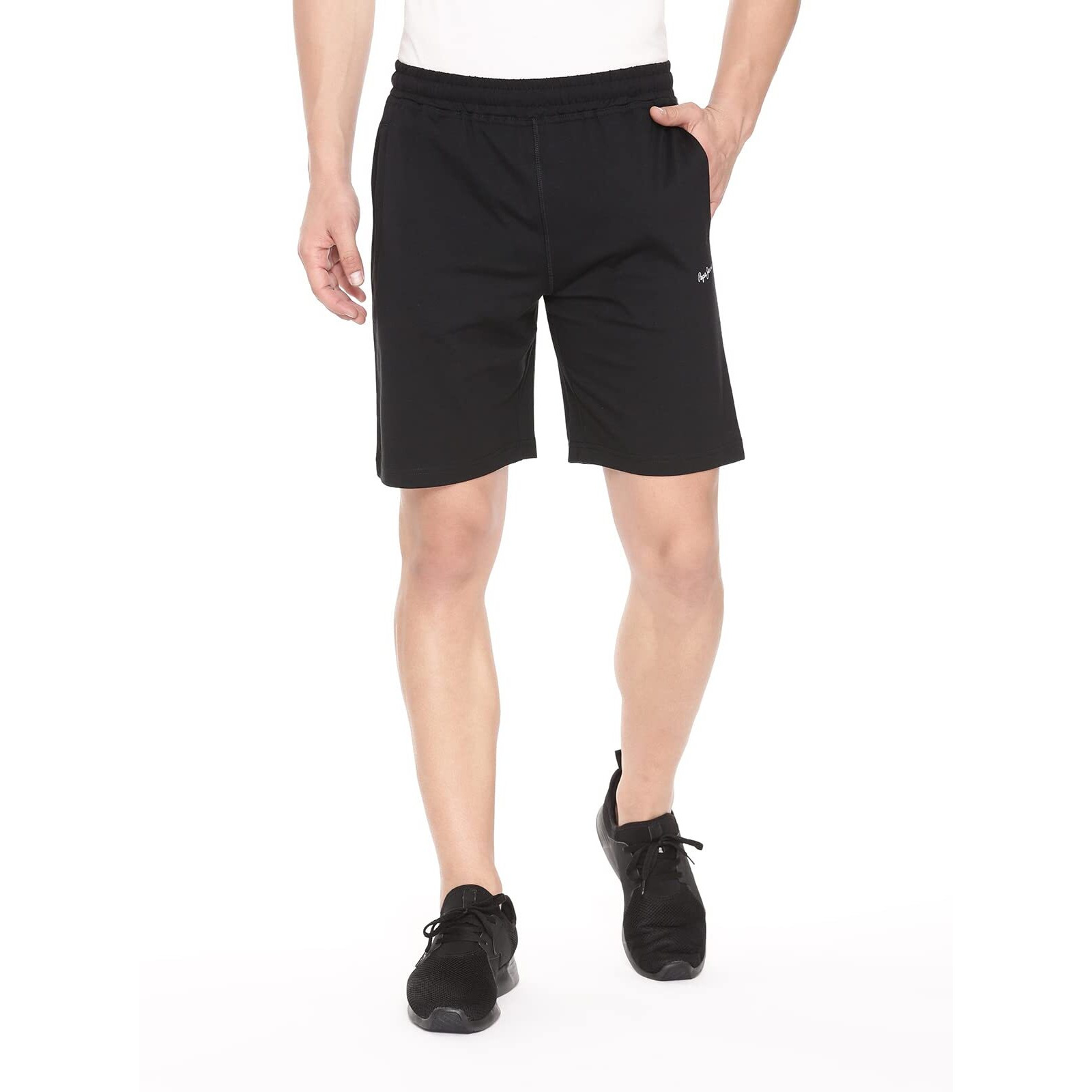 Pepe Jeans Athleisure Men Knit Cotton Stretch Shorts | Breathable Cotton Jersey, Gym and Casual Wear | with Drawstring and Zip Pocket in Black - L