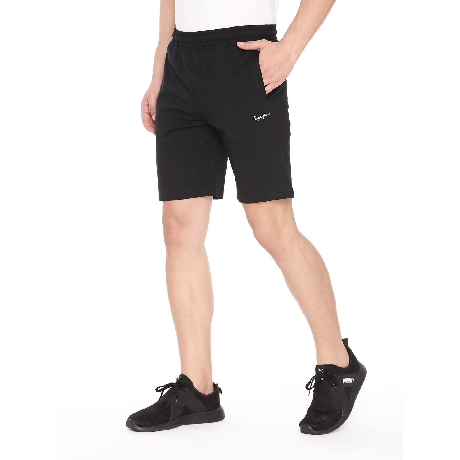 Pepe Jeans Athleisure Men Knit Cotton Stretch Shorts | Breathable Cotton Jersey, Gym and Casual Wear | with Drawstring and Zip Pocket in Black - L