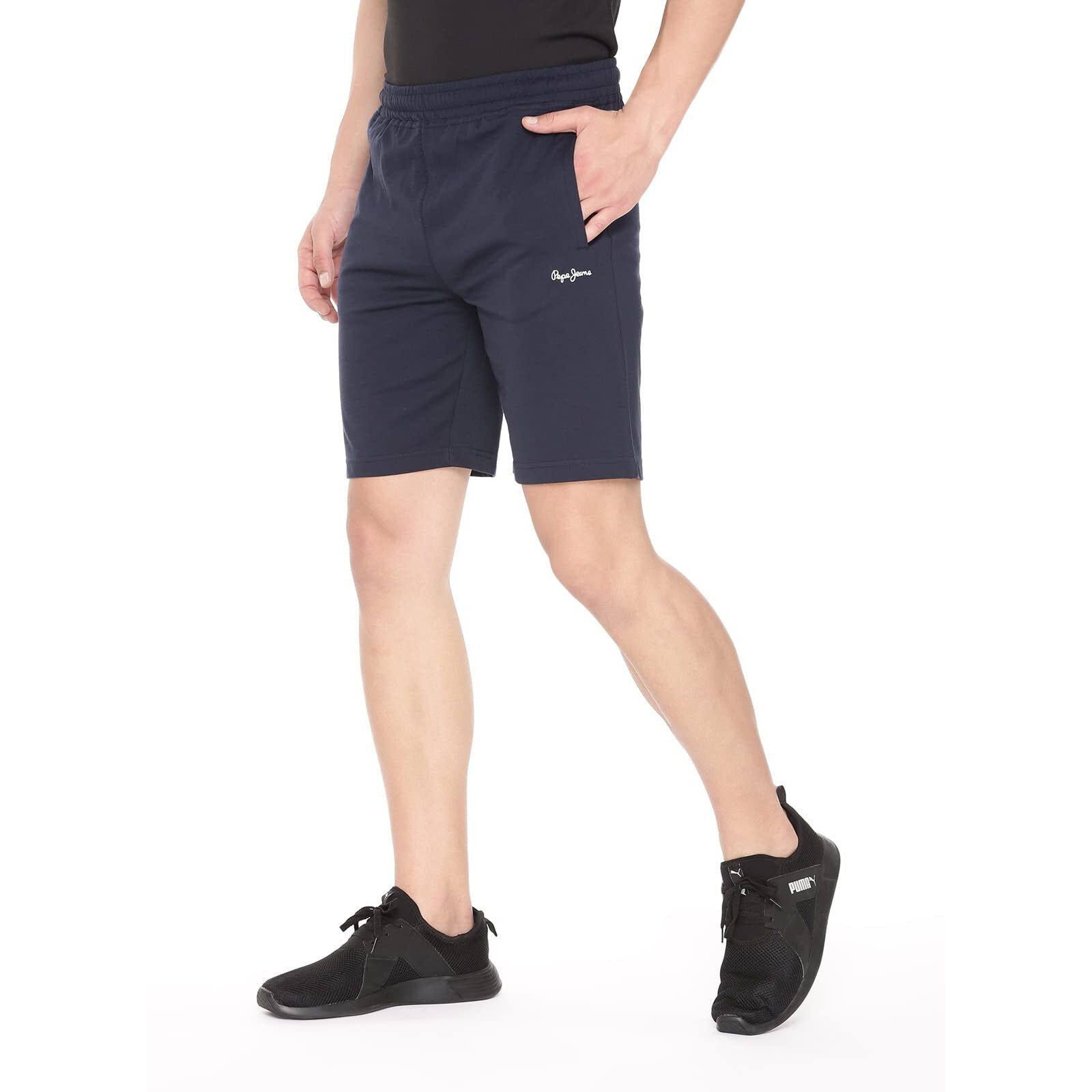 Pepe Jeans Athleisure Men Knit Cotton Stretch Shorts | Breathable Cotton Jersey, Gym and Casual Wear | with Drawstring and Zip Pocket in Navy Blue - XL