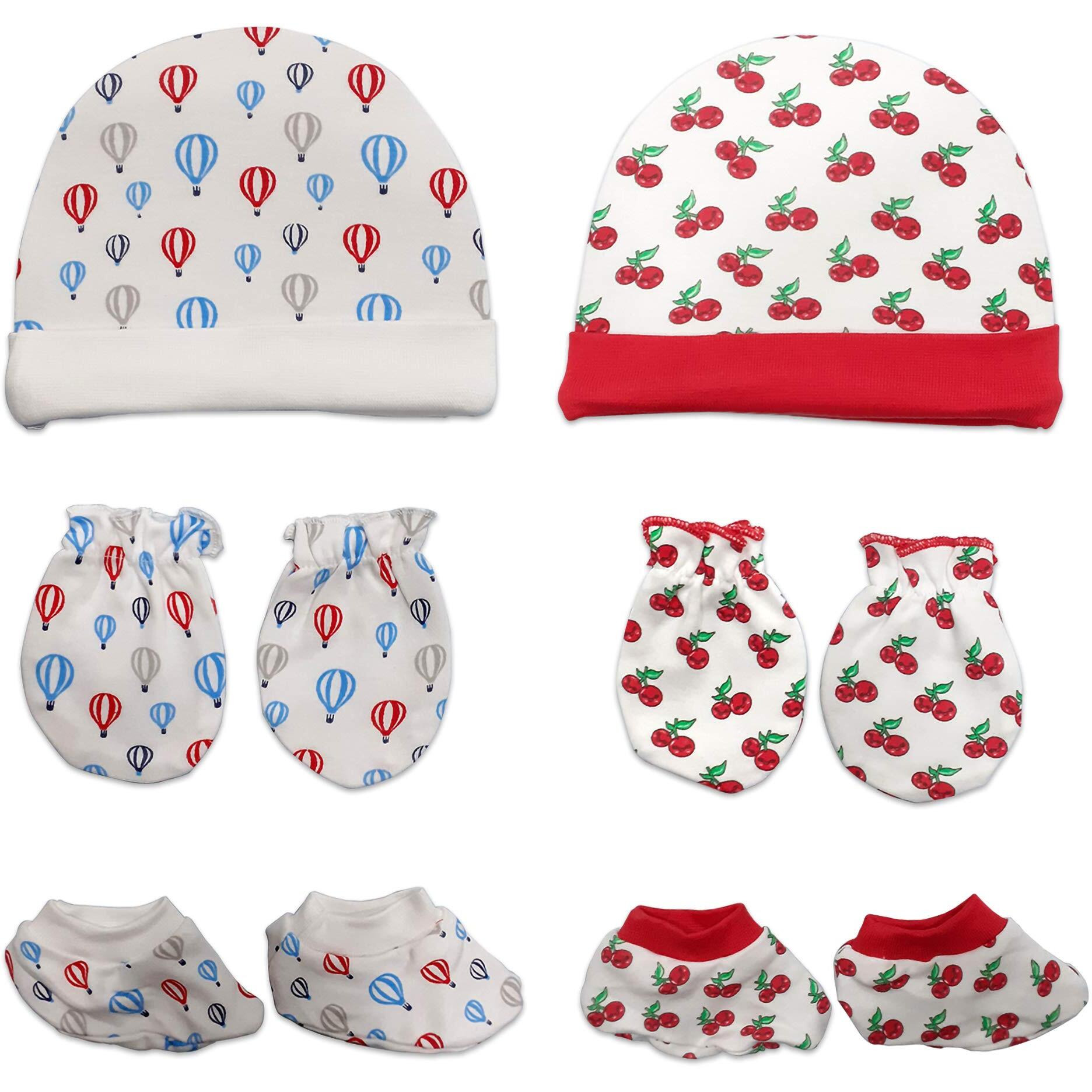 LuvLap CAPS Booties Mittens Set Cherry Parachute Print PO2