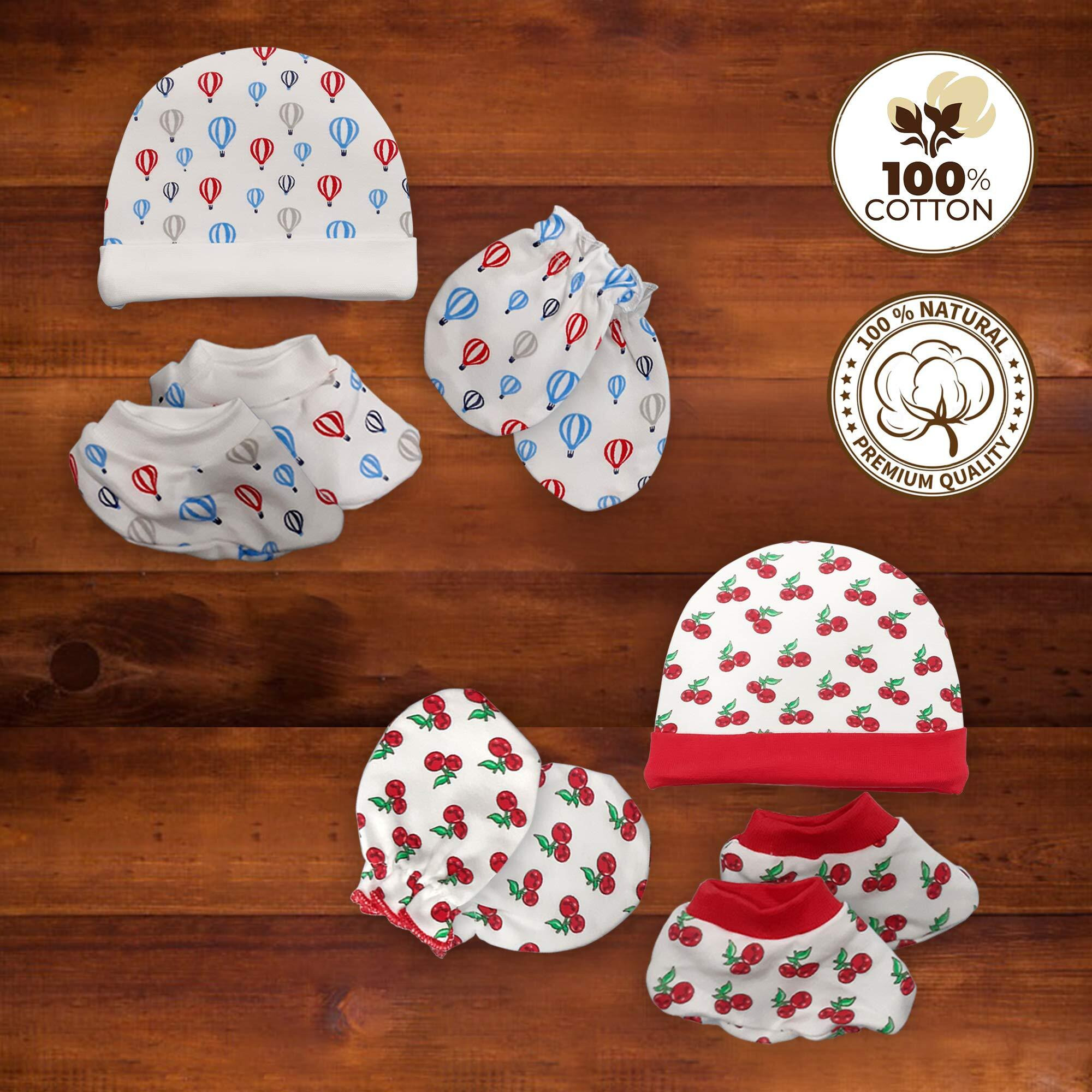 LuvLap CAPS Booties Mittens Set Cherry Parachute Print PO2
