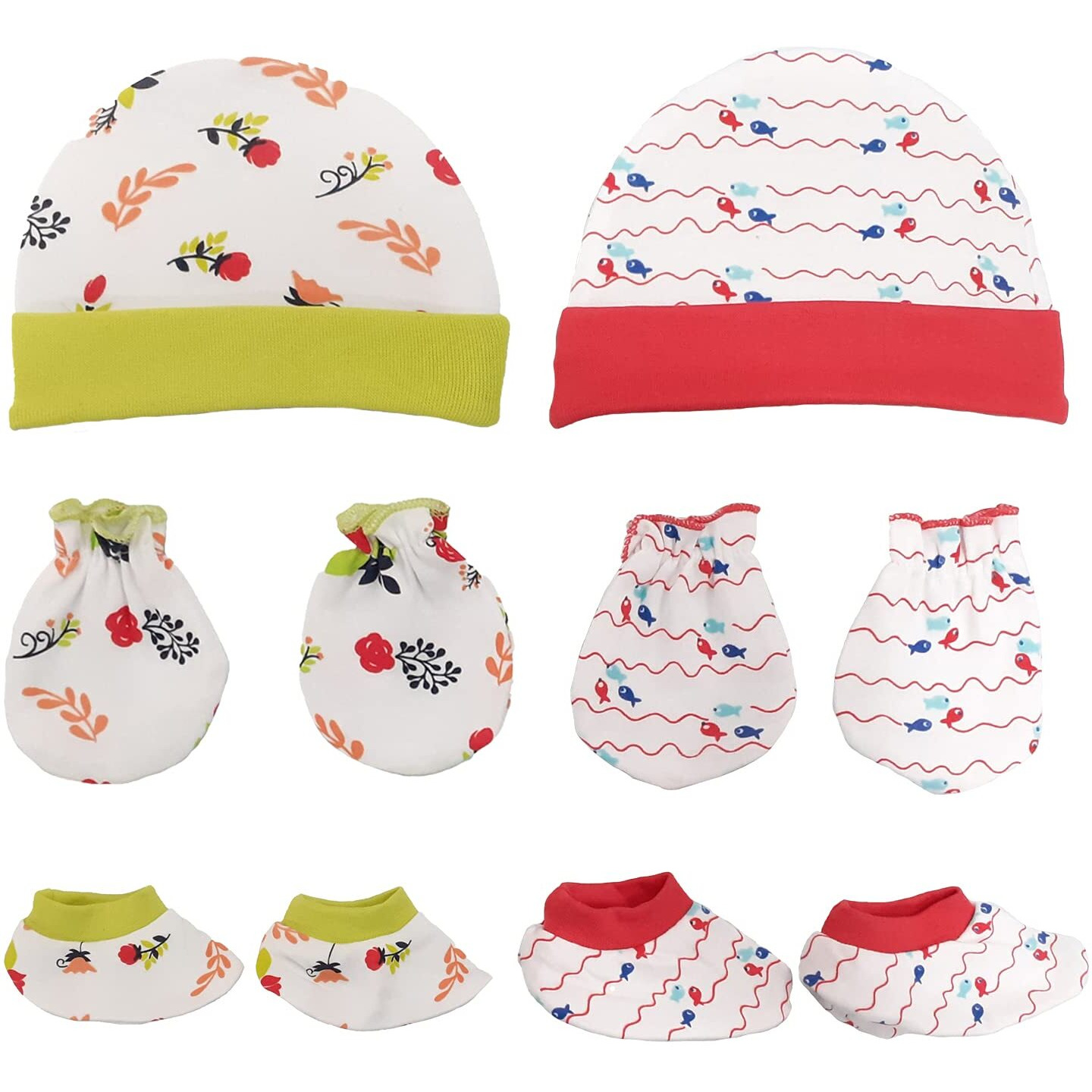 LuvLap 100% Cotton Baby Caps, Mittens and Booties Combo Set for 0-6 Months - Pack of 2 (Assorted)