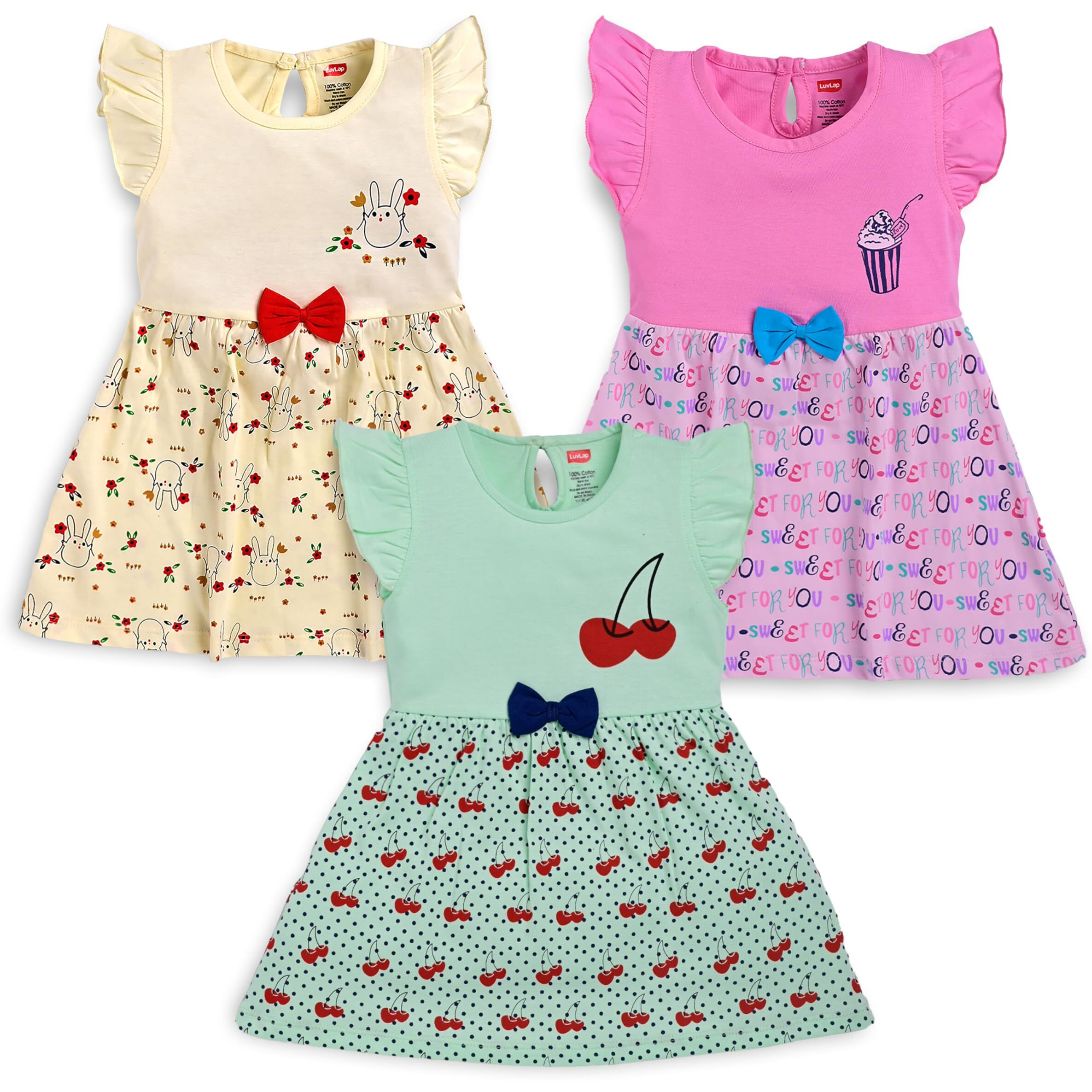 LuvLap Girl's Cotton A-Line Knee-Length H/S Frock (904642_Multicolour-1_6 to 12 Months)