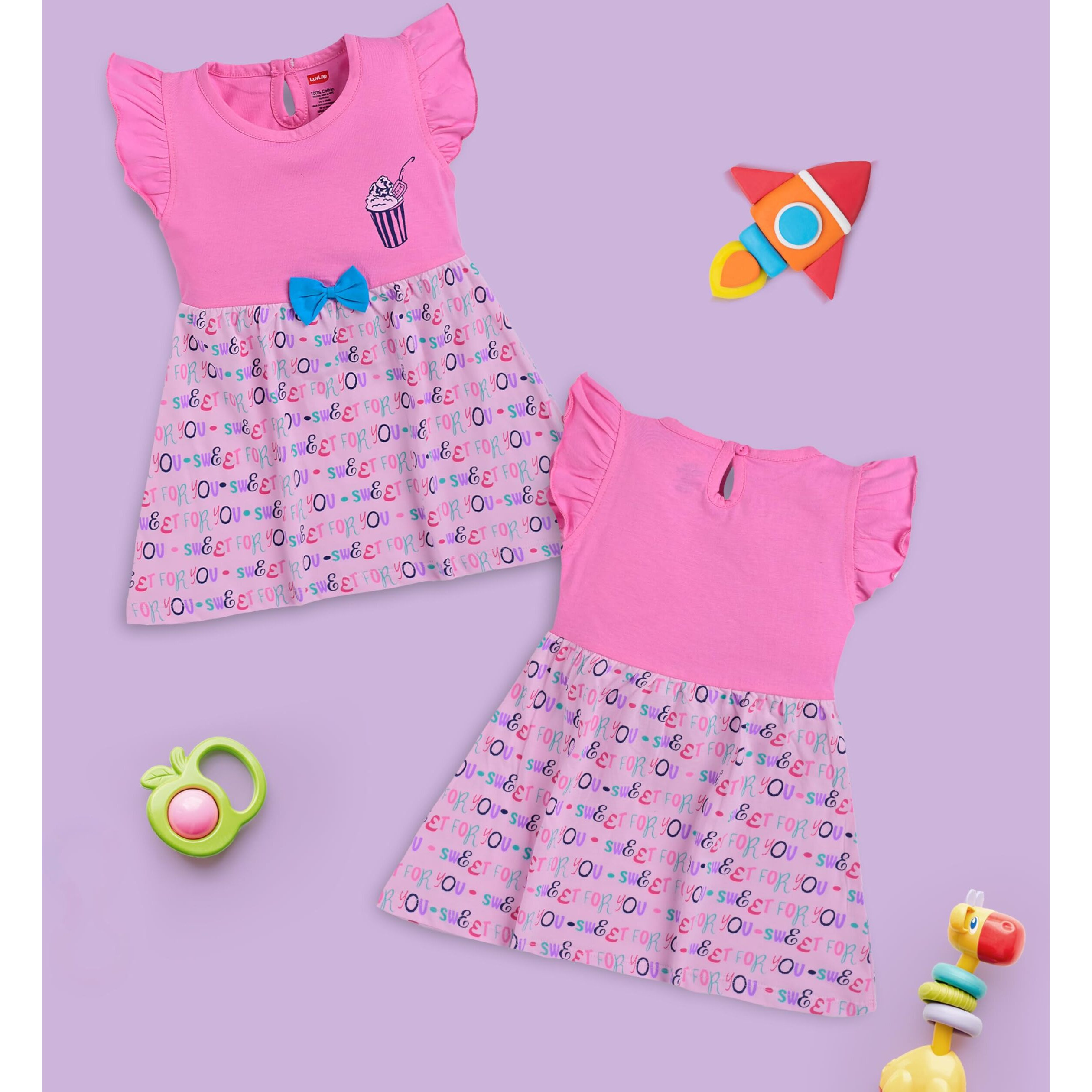 LuvLap Girl's Cotton A-Line Knee-Length H/S Frock (904642_Multicolour-1_6 to 12 Months)
