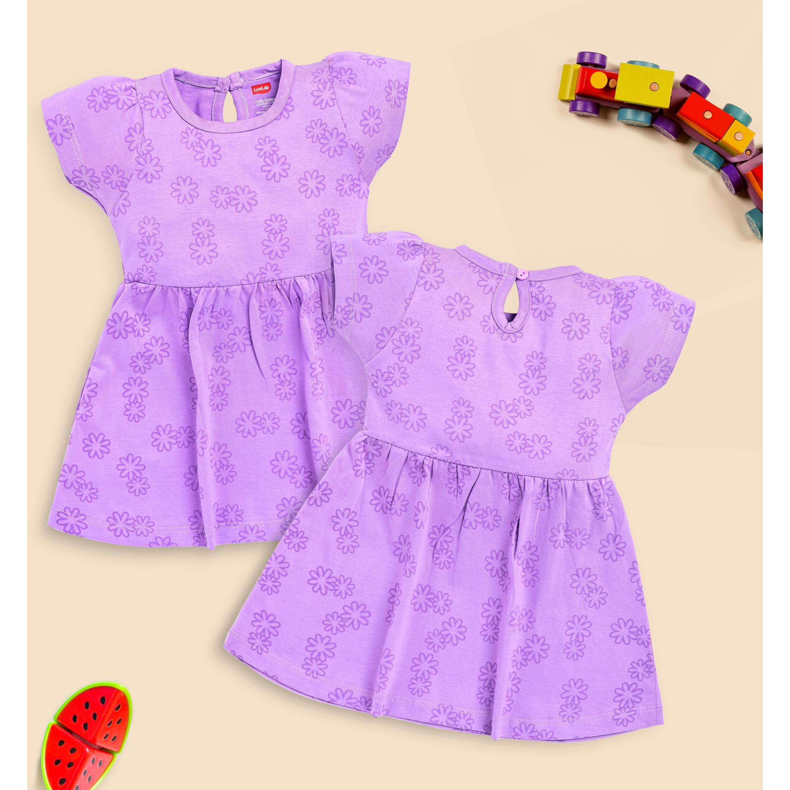 LuvLap Girl's Cotton A-Line Knee-Length H/S Frock (904932_Multicolour-3_12 to 18 Months)
