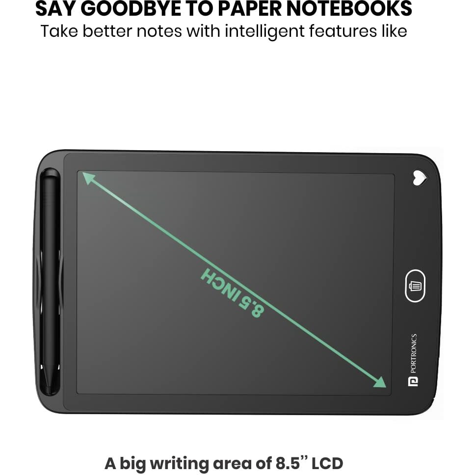 Portronics Ruffpad 8.5E Re-Writable LCD Writing Pad with Screen 21.5cm (8.5-inch) for Drawing, Playing, Handwriting Gifts for Kids & Adults, India's first notepad to save and share your child's first creatives via Ruffpad app on your Smartphone(Black)