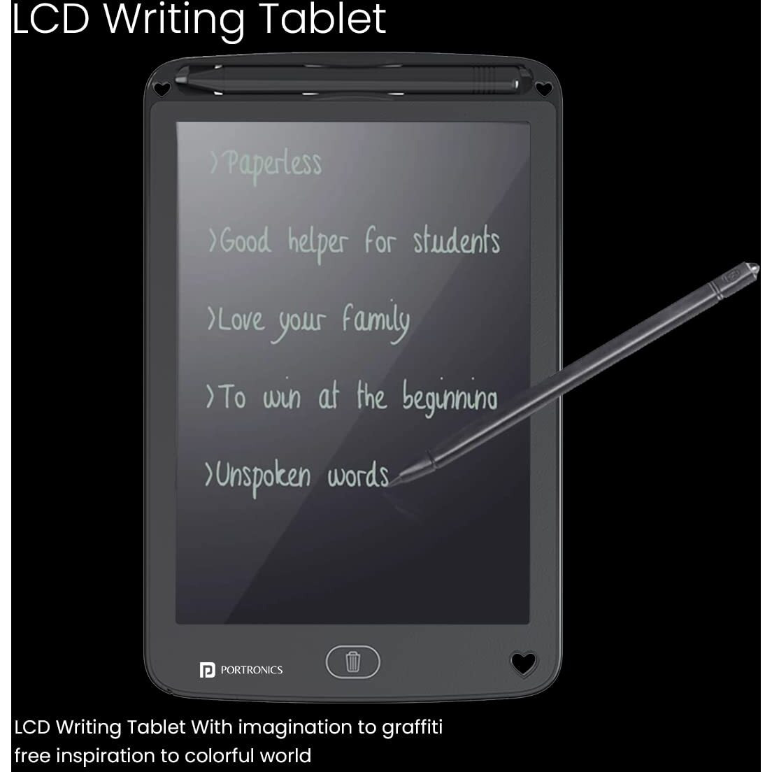 Portronics Ruffpad 12E Re-Writable LCD Writing Pad with 30.4cm (12 inch) Writing Area, India's First Notepad to Save and Share Your Child's First creatives via Ruffpad app on Your Smartphone(Black)