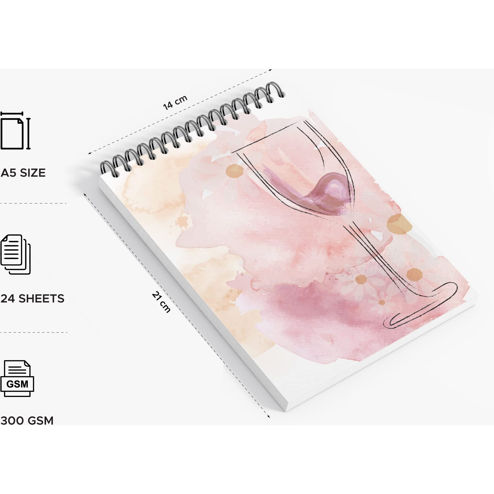 Factor Notes Watercolour Book A5, 300 GSM Paper, 24 Pages with Perforation, Wiro Bound (Wine Glass)