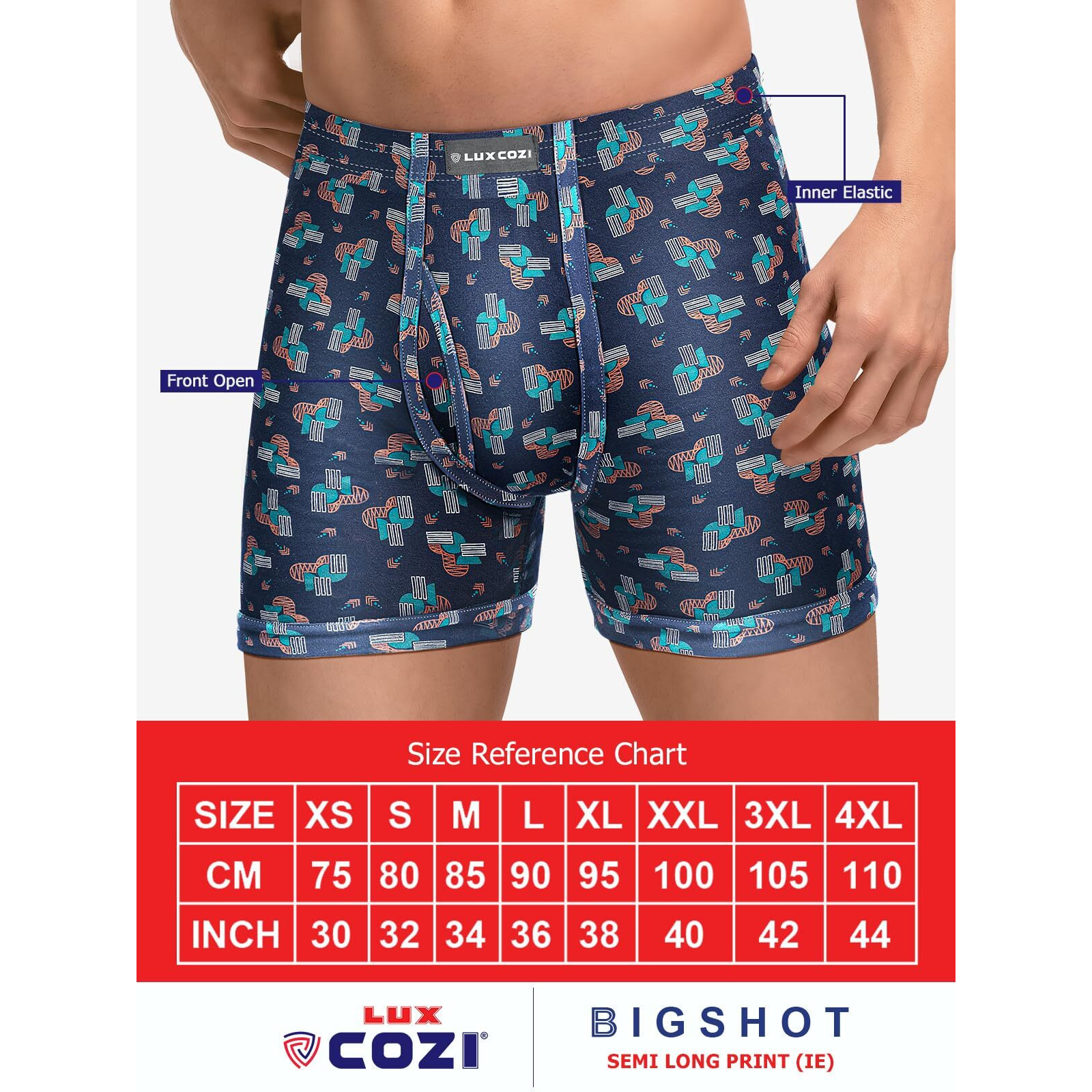Lux Cozi Men's Pack of 3 Assorted Inner Elestic Long Printed Trunk (Size  95cm)