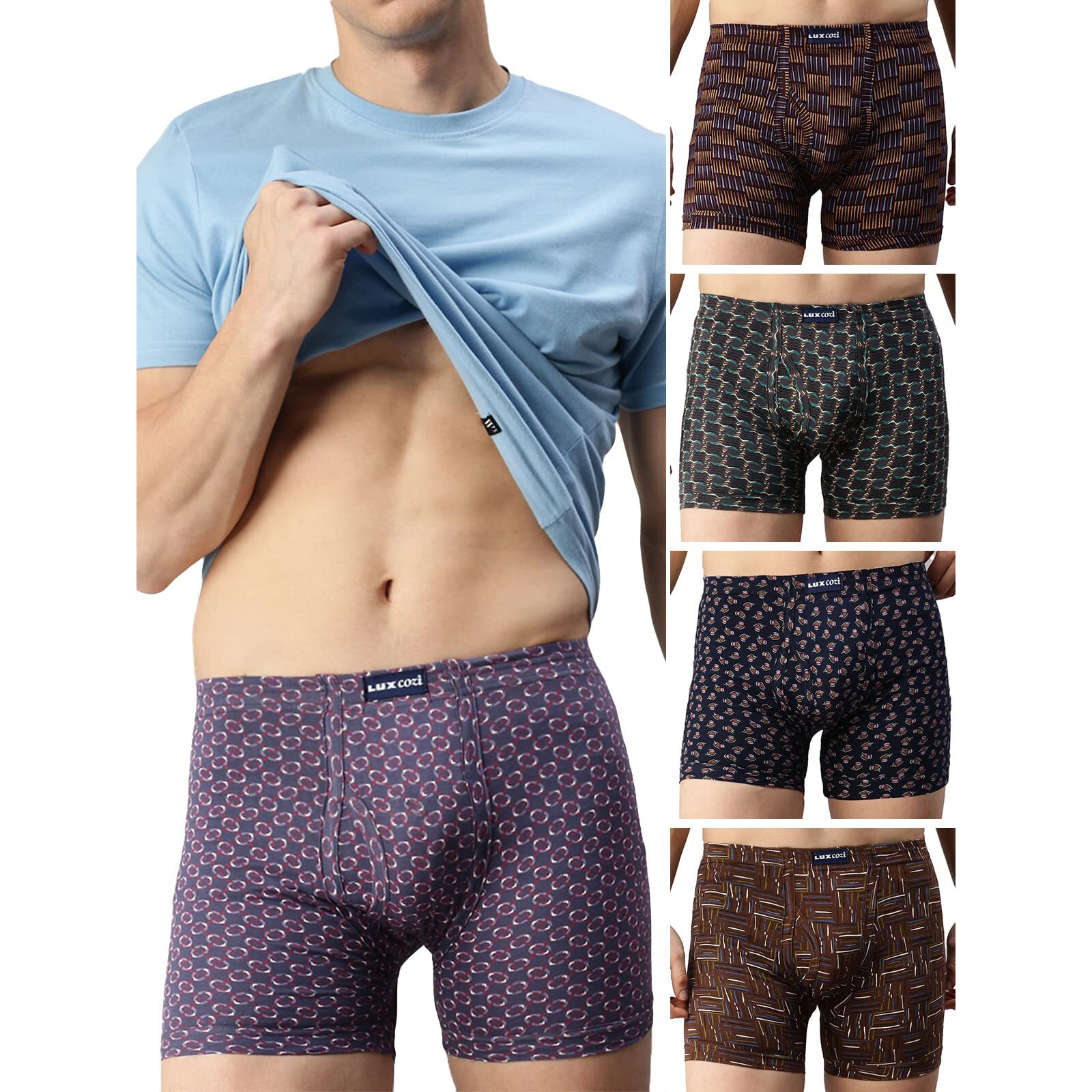 Lux Cozi Men's Pack of 5 Assorted Inner Elestic Long Printed Trunk (Size  90cm)