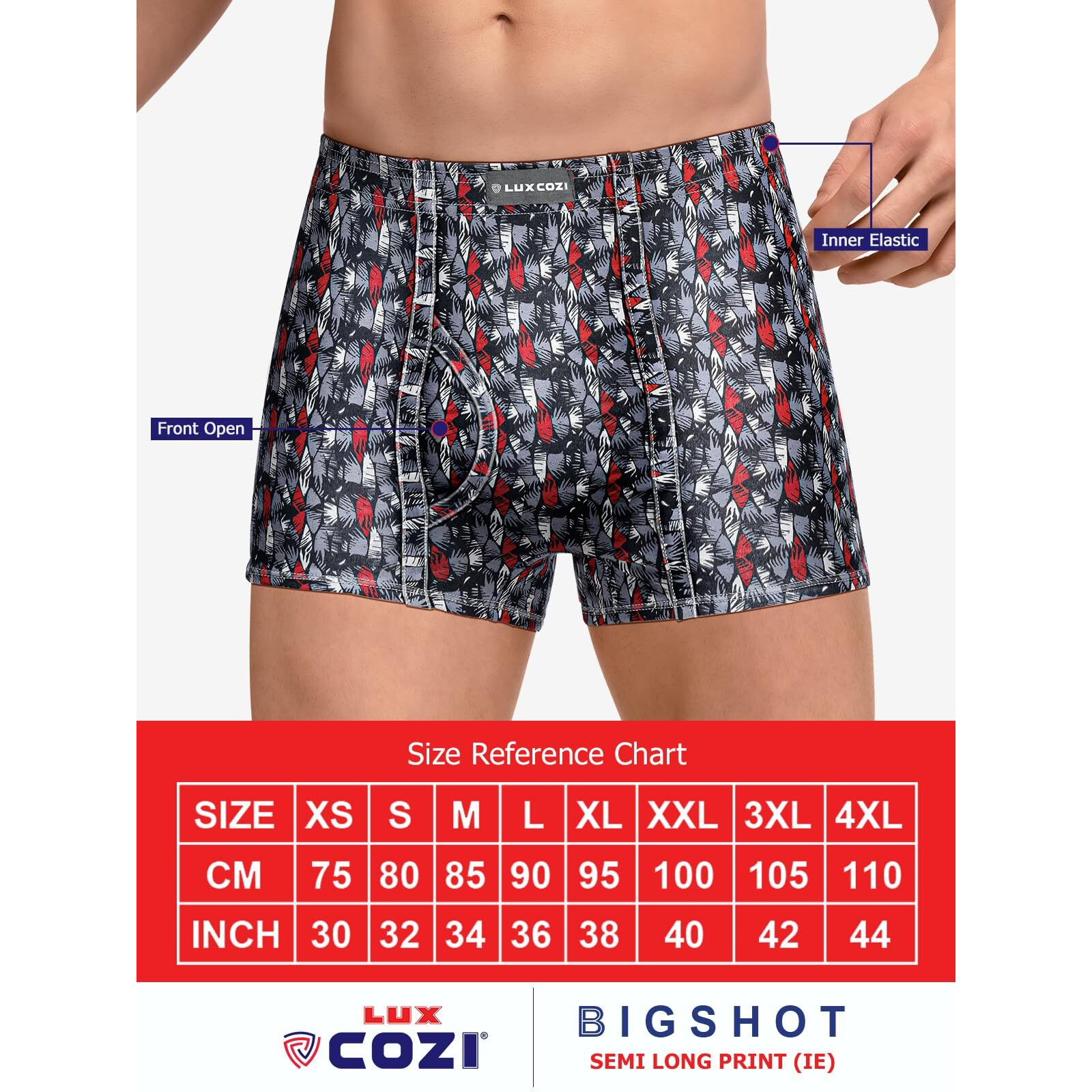 Lux Cozi Pack of 3 Men's Assorted Inner Elastic Semi Long Printed Trunk (Size  80cm)