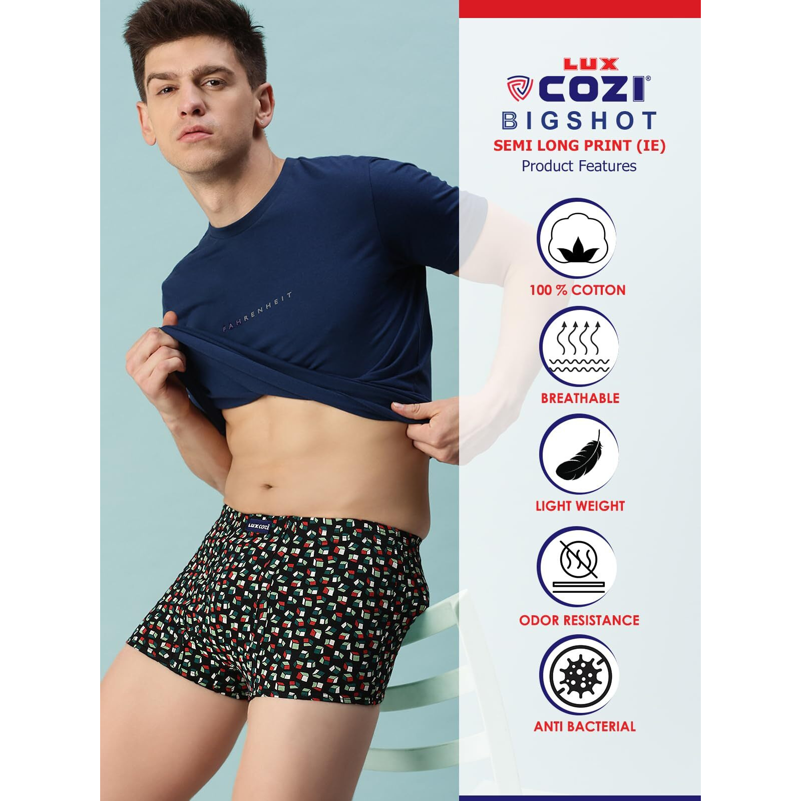 Lux Cozi Pack of 3 Men's Assorted Inner Elastic Semi Long Printed Trunk (Size  80cm)