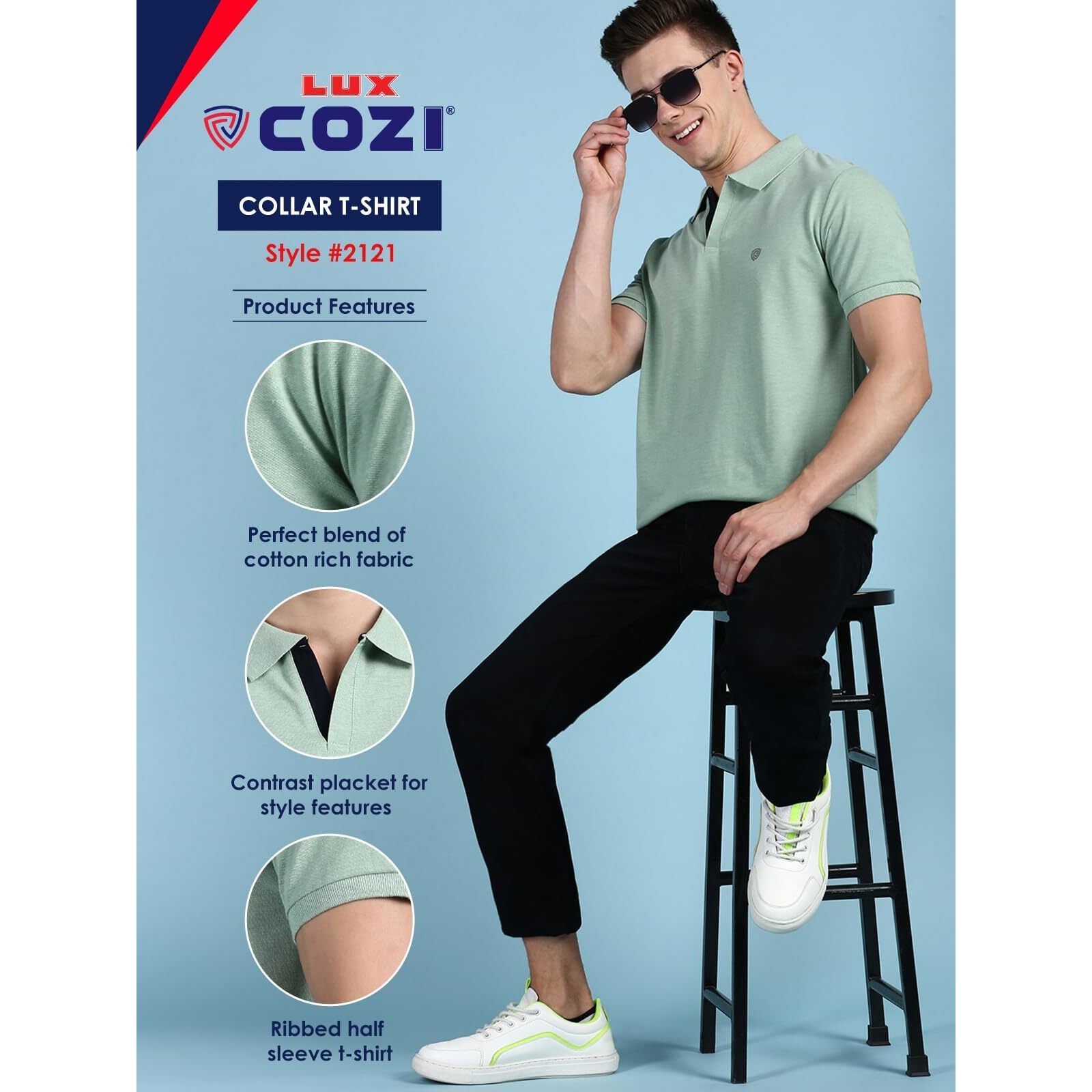 Lux Cozi Men's Pack of 1 Mint Green Regular Fit Polo Neck Half Sleeve Solid Casual T-Shirt (Size  Medium)_COZI_2121_MTGRN_M_1PC