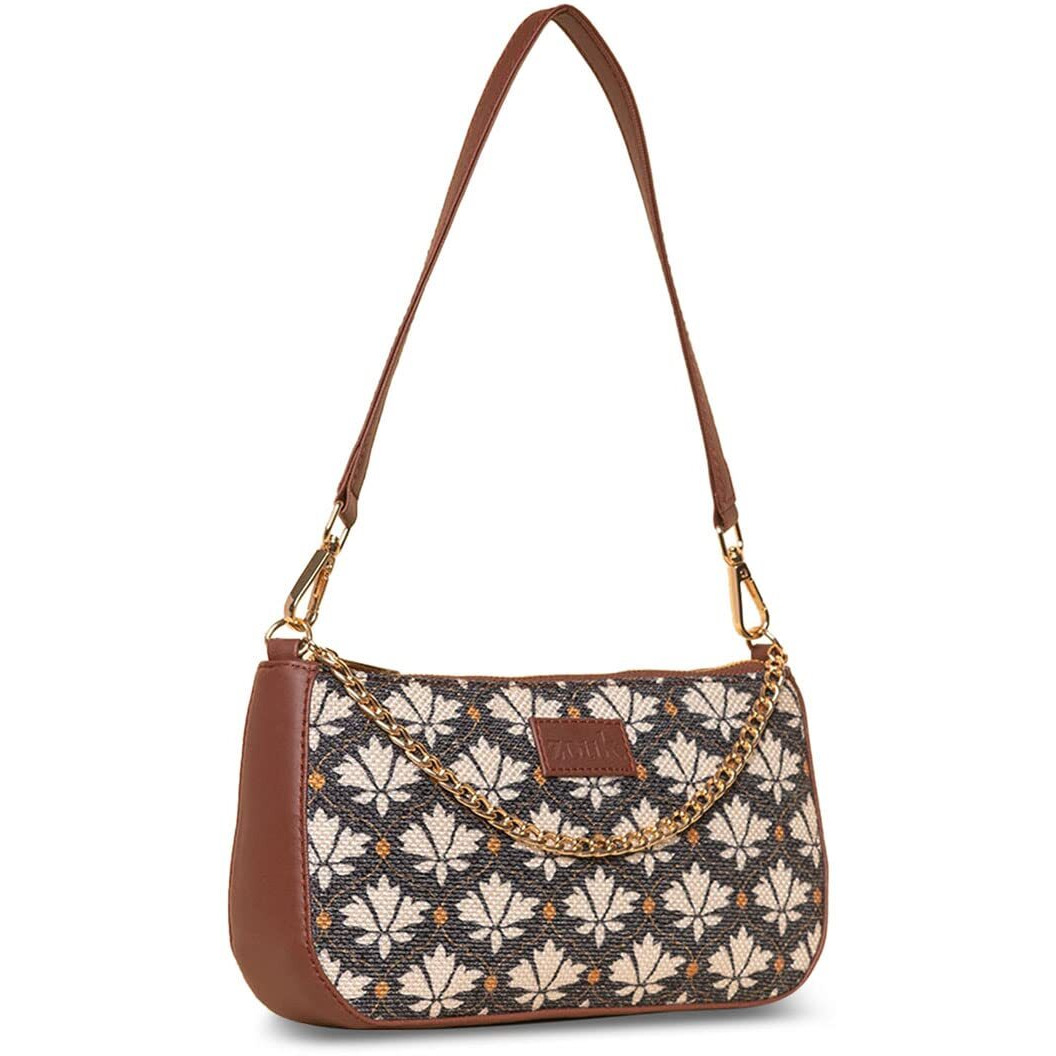 ZOUK Motif Printed Women's Handcrafted Vegan Leather Black and White Casual Mini Shoulder Bag