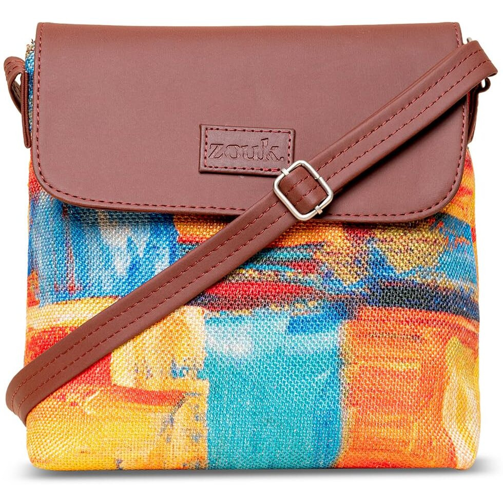 ZOUK Abstract Amaze Printed Women's Hand Crafted Vegan Leather Multicolour Flap Sling Bag