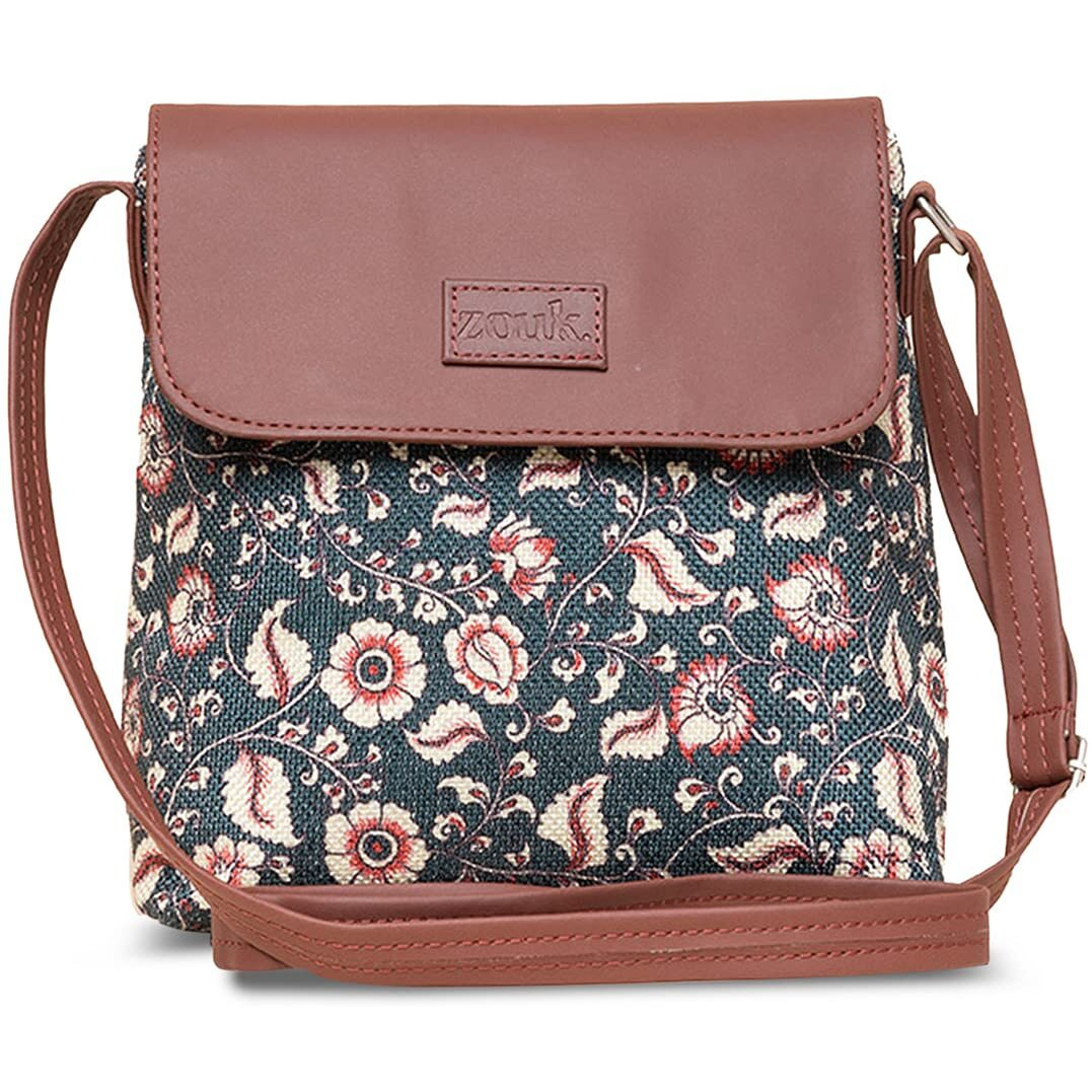 ZOUK Chittoor Blue Kalamkaari Floral Printed Women's Hand Crafted Vegan Leather Blue Flap Sling Bag