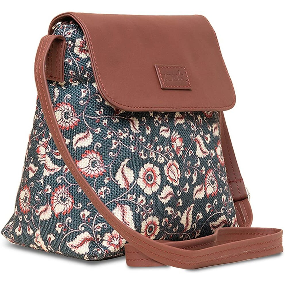 ZOUK Chittoor Blue Kalamkaari Floral Printed Women's Hand Crafted Vegan Leather Blue Flap Sling Bag