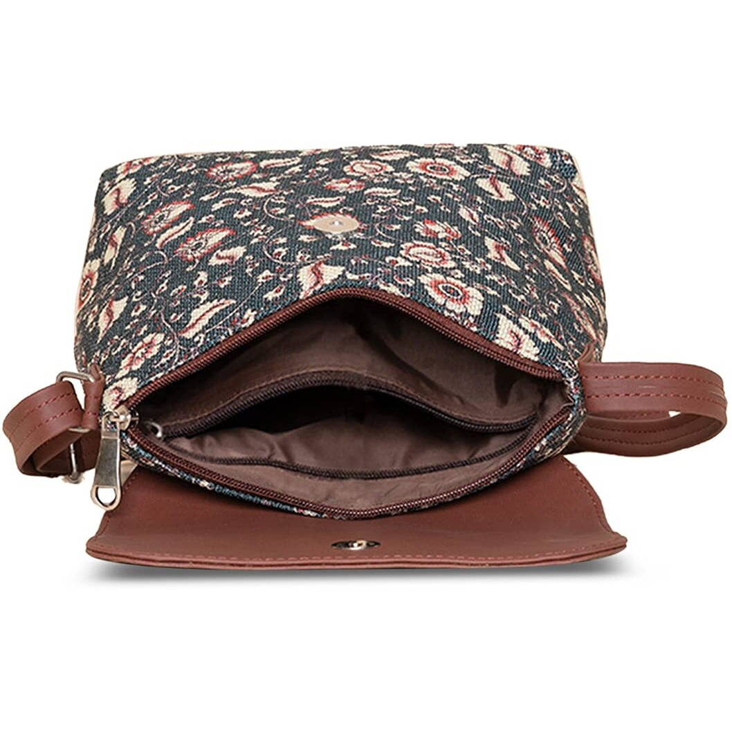 ZOUK Chittoor Blue Kalamkaari Floral Printed Women's Hand Crafted Vegan Leather Blue Flap Sling Bag