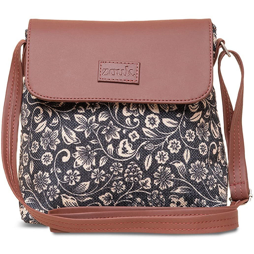ZOUK FloMotif Floral Printed Women's Hand Crafted Vegan Leather Black Flap Sling Bag
