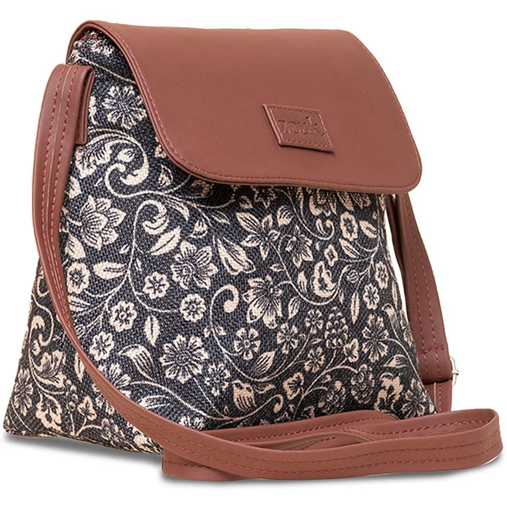 ZOUK FloMotif Floral Printed Women's Hand Crafted Vegan Leather Black Flap Sling Bag