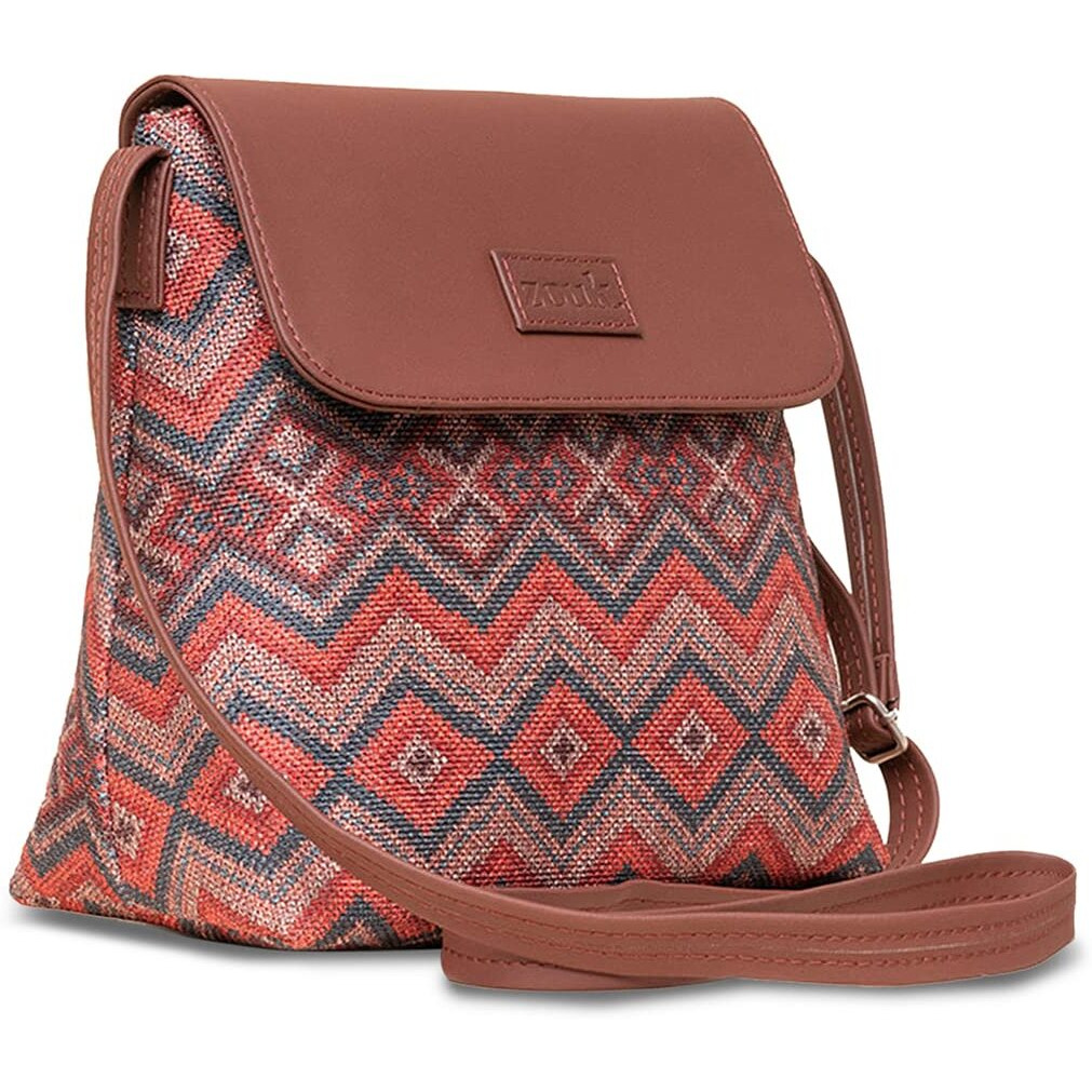 ZOUK Gwalior Weaves Motif Printed Women's Hand Crafted Vegan Leather Multicolour Flap Sling Bag