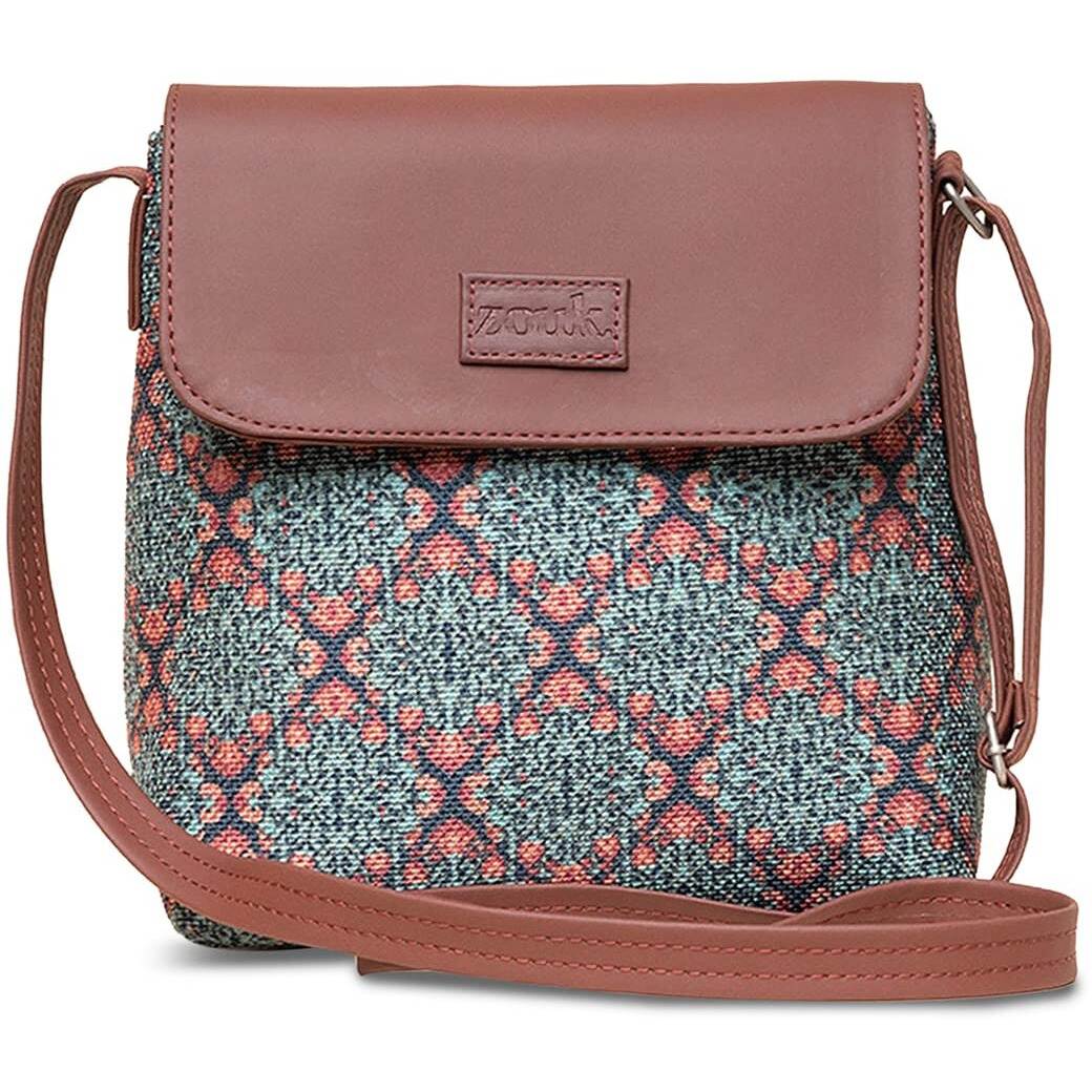 ZOUK Kolkata Nouveau Motif Printed Women's Hand Crafted Vegan Leather Green Flap Sling Bag