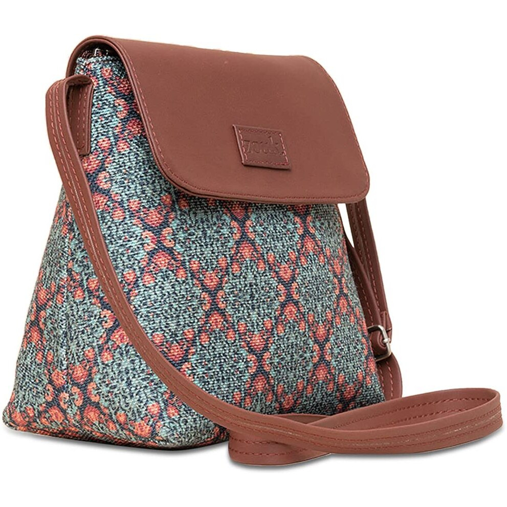 ZOUK Kolkata Nouveau Motif Printed Women's Hand Crafted Vegan Leather Green Flap Sling Bag