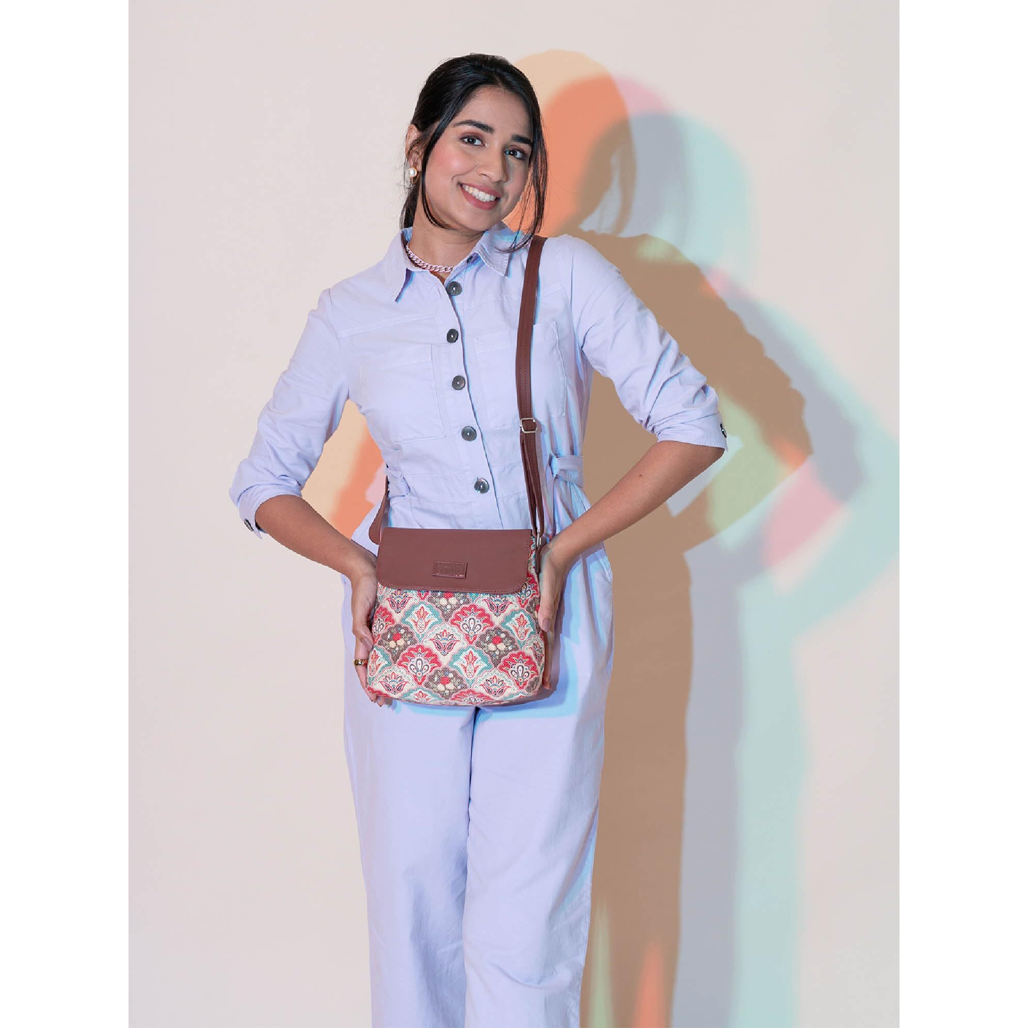 ZOUK Mughal Art Multicolor Motif Printed Women's Hand Crafted Vegan Leather Multicolour Flap Sling Bag