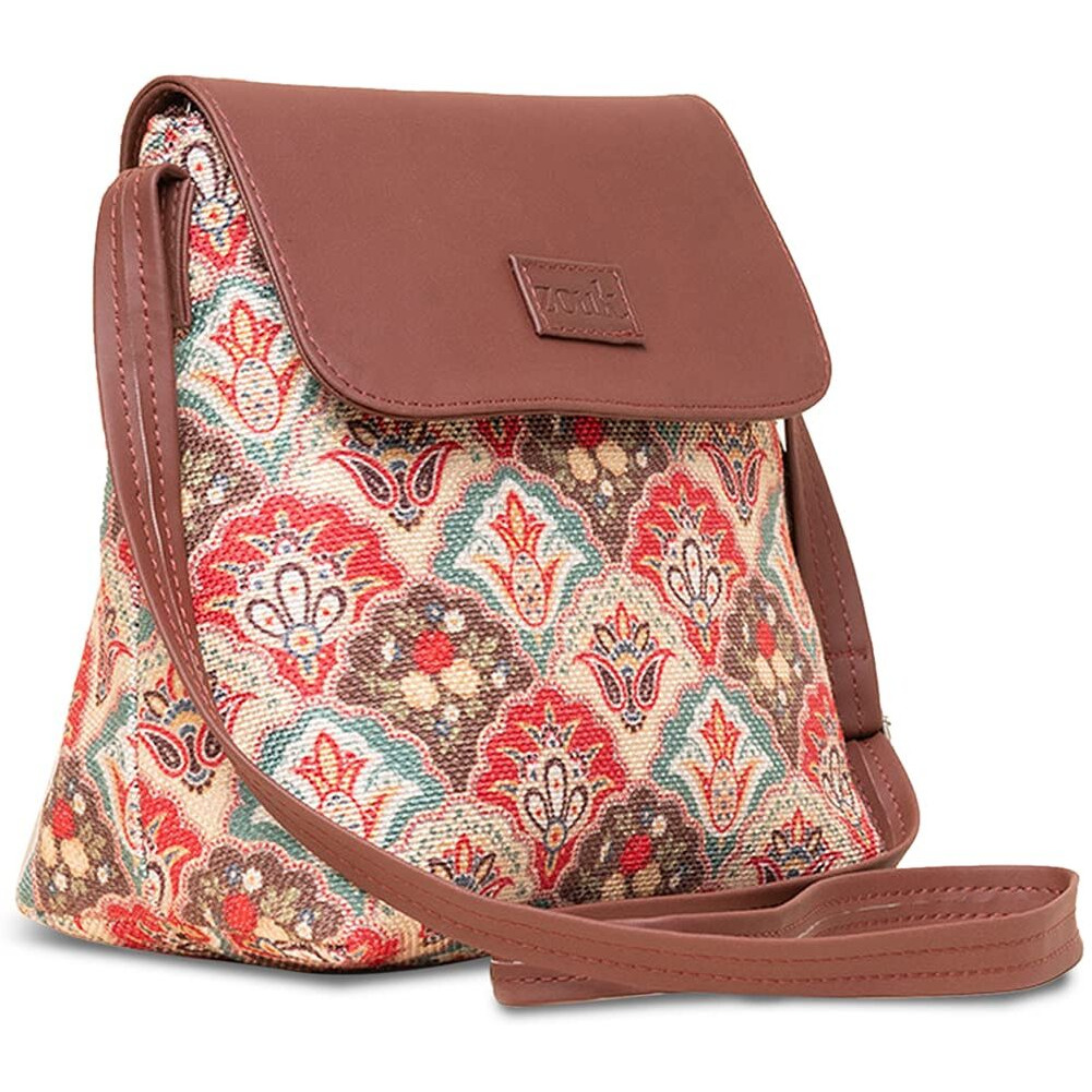 ZOUK Mughal Art Multicolor Motif Printed Women's Hand Crafted Vegan Leather Multicolour Flap Sling Bag