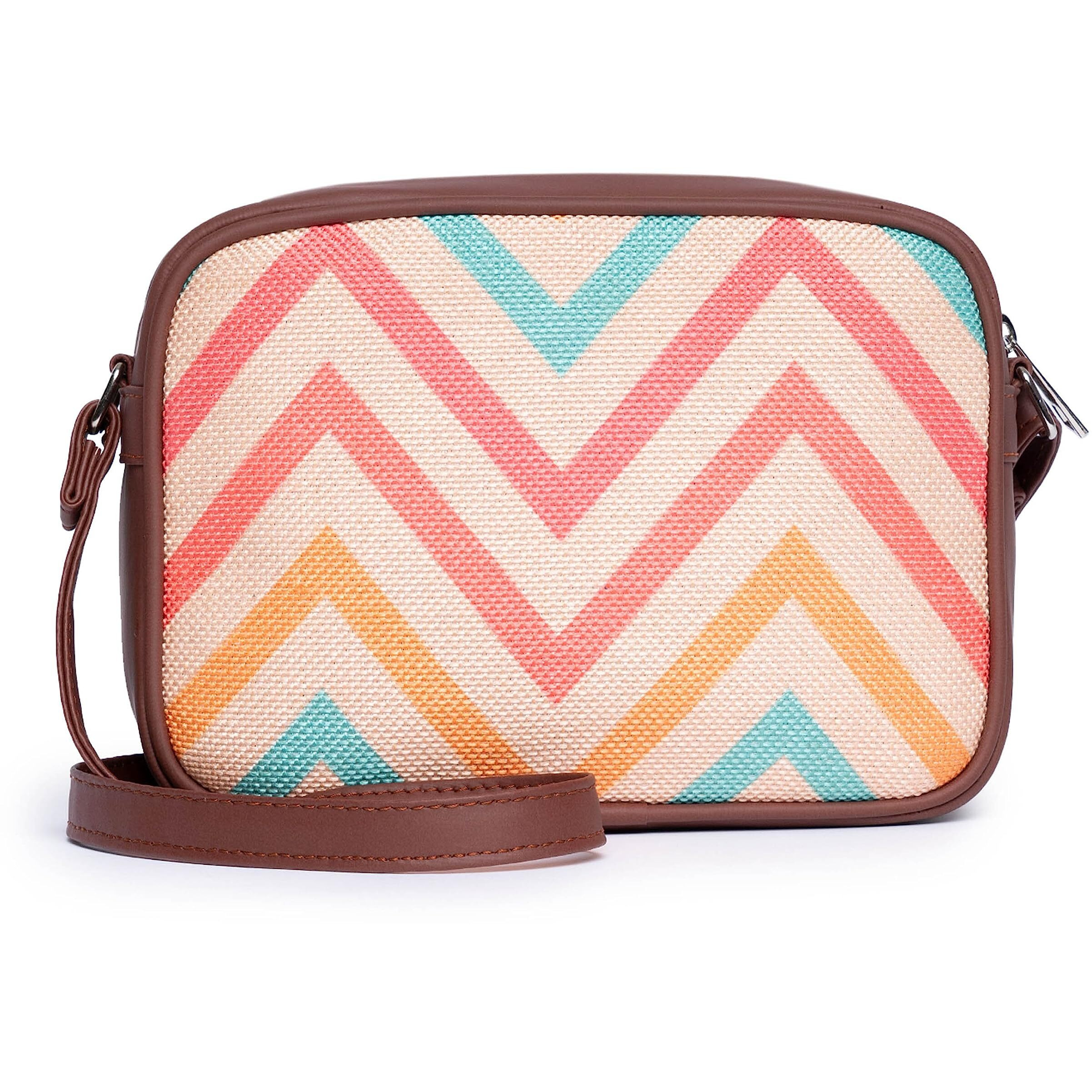 ZOUK Women's Handmade Vegan Leather and Indian Fabric Jute Wave Beach Print Sling Bag with Adjustable Shoulder Strap (WavBeach)