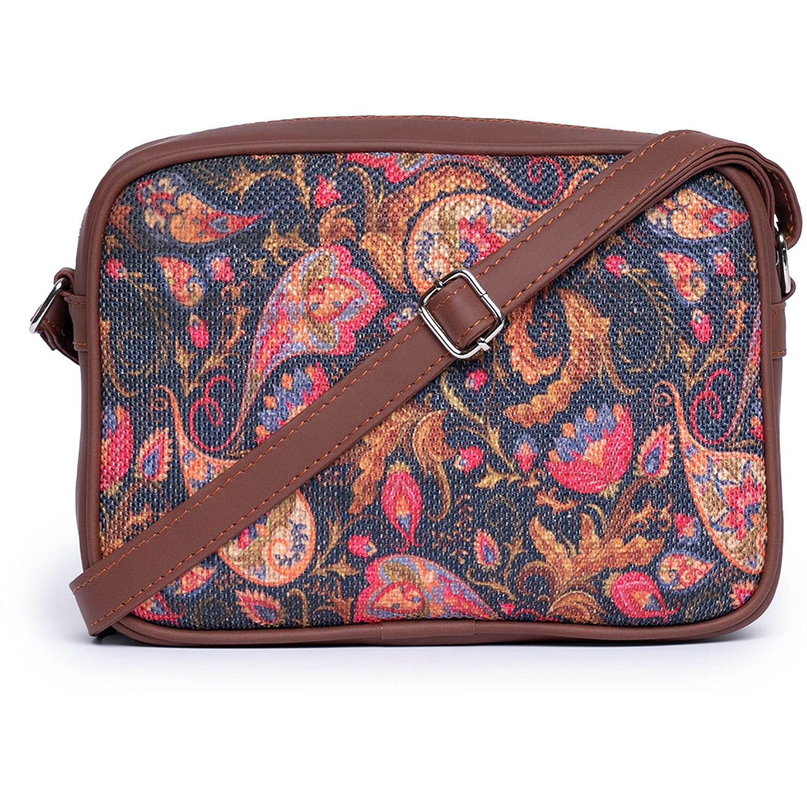 ZOUK Handmade Vegan Leather Paisley Print Women's Sling Bags With Adjustable Shoulder Strap