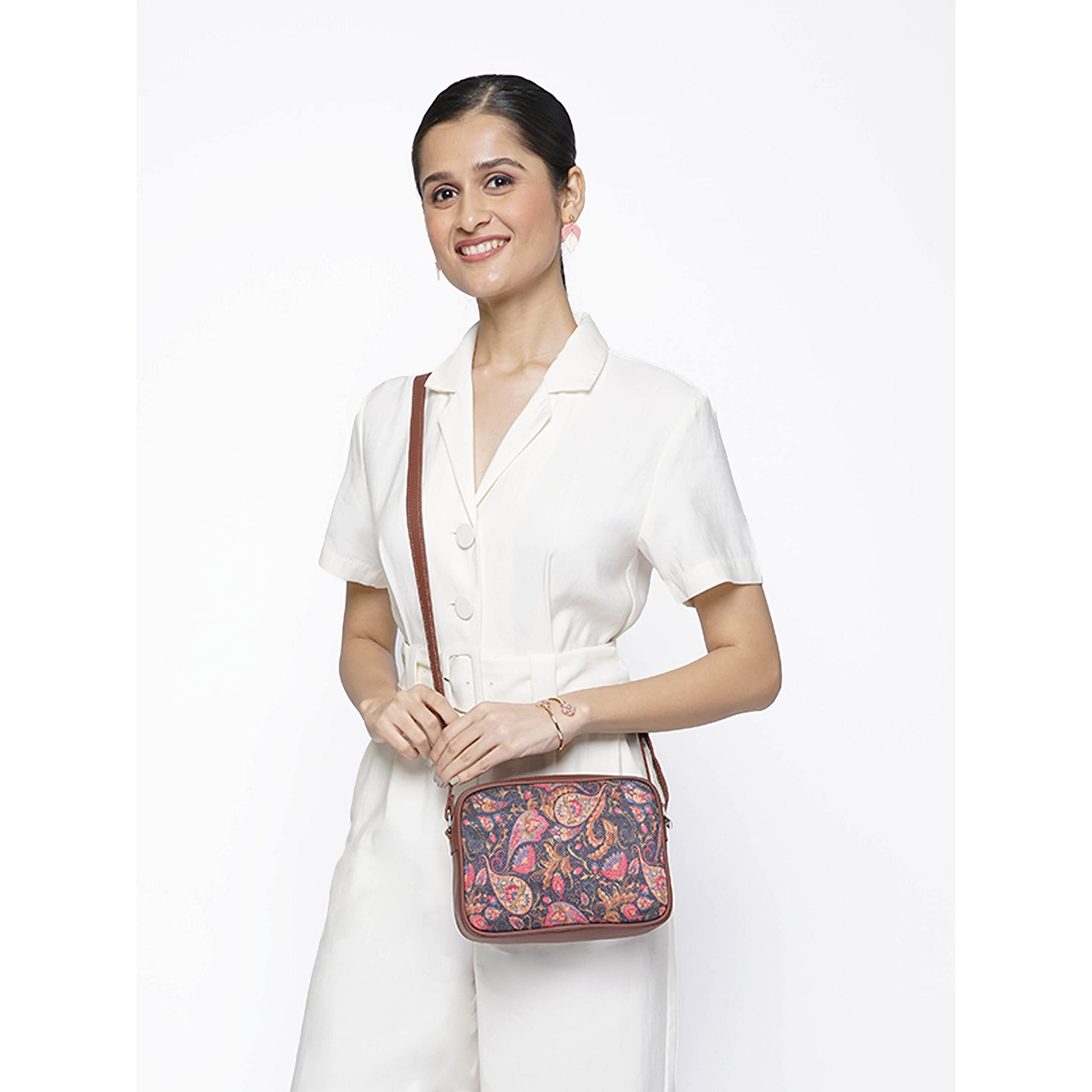 ZOUK Handmade Vegan Leather Paisley Print Women's Sling Bags With Adjustable Shoulder Strap