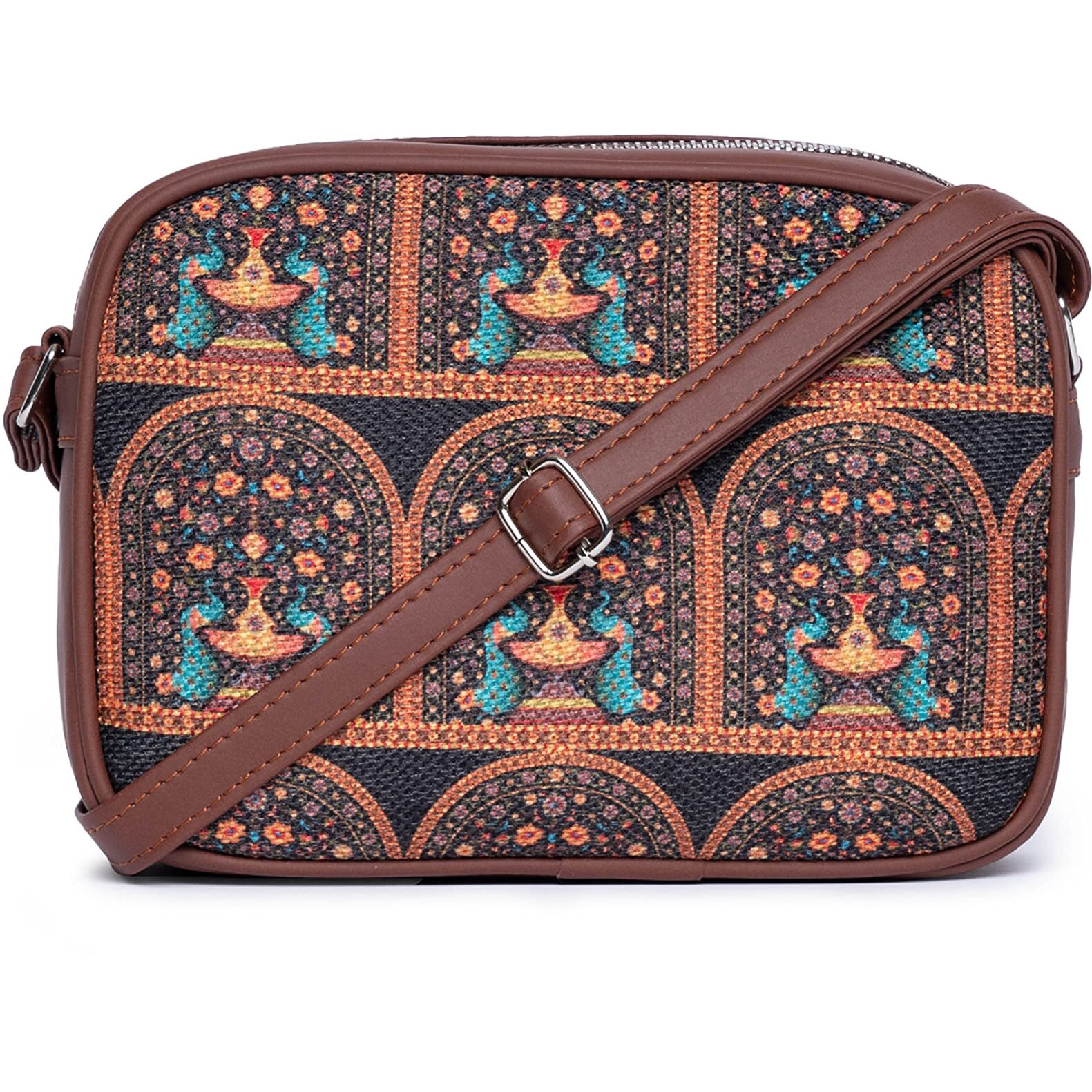 ZOUK Sling Bag for women - Handmade Bags for Females - Vegan Leather and Indian Fabric Slings - Side Bags for Mobile Phones and Wallets