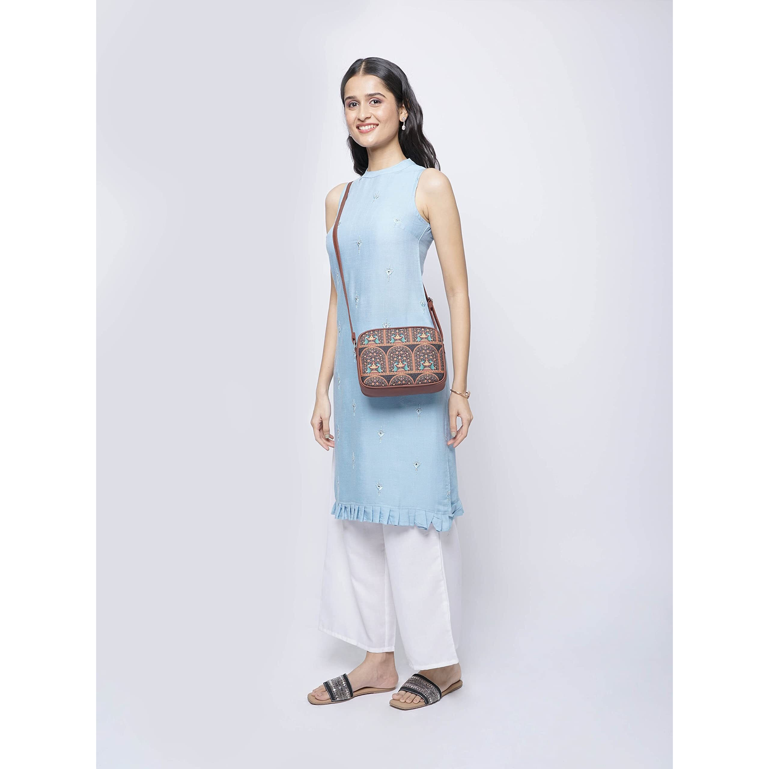 ZOUK Sling Bag for women - Handmade Bags for Females - Vegan Leather and Indian Fabric Slings - Side Bags for Mobile Phones and Wallets