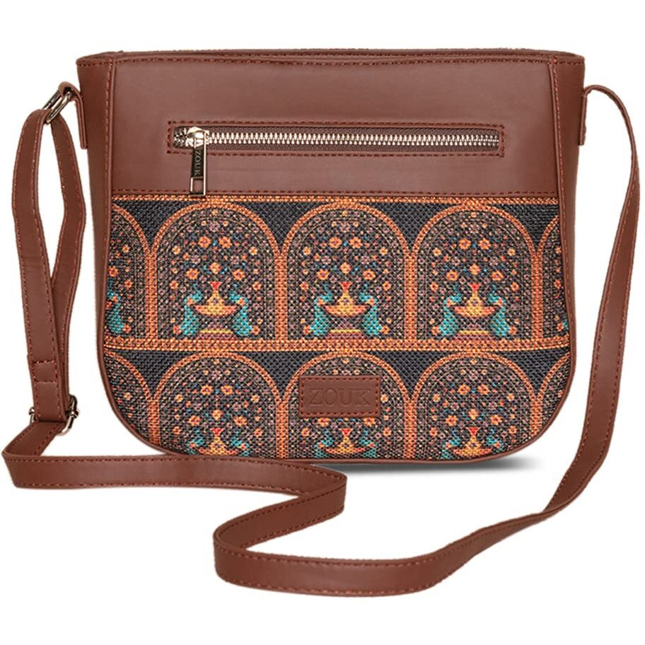Zouk Women's Handcrafted Black Royal Indian Motif Printed U Shaped Sling Bag