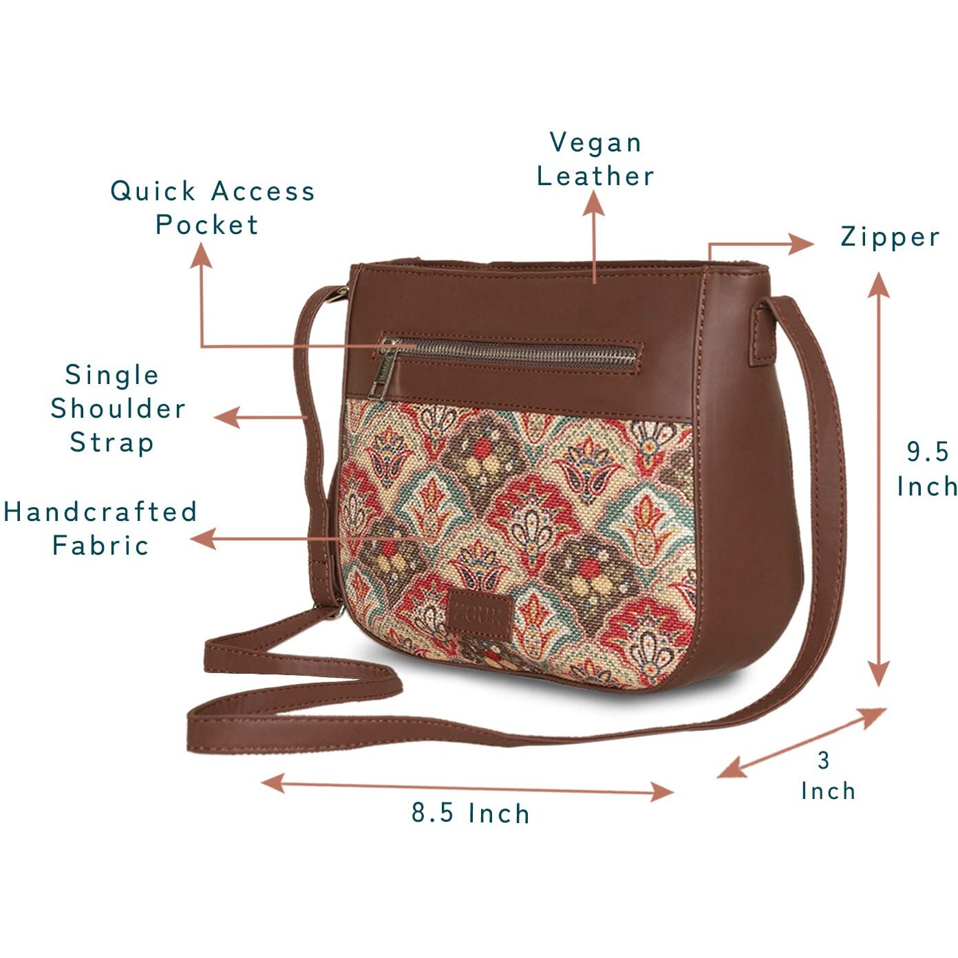ZOUK Women's Handcrafted Multicolor Mughal Art Printed U Shaped Sling Bag