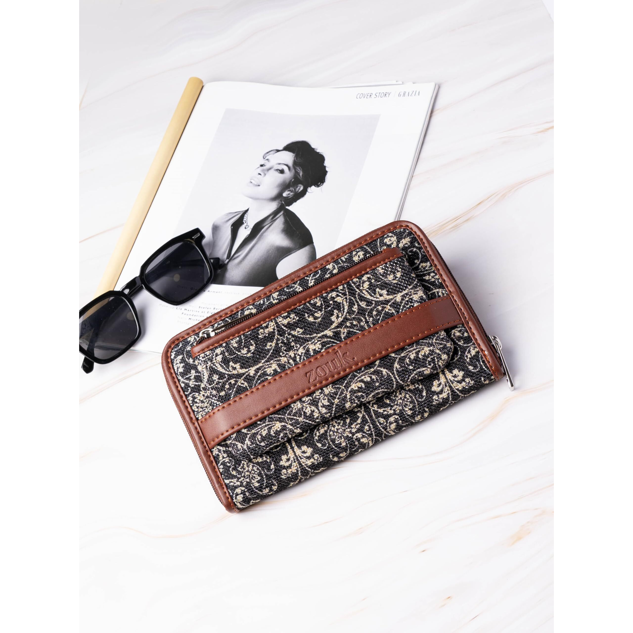 ZOUK Women's Vegan Leather and Jute Lattice Lace Print Handmade Classic Wallet with Mobile Phone Pocket (Multicolour)