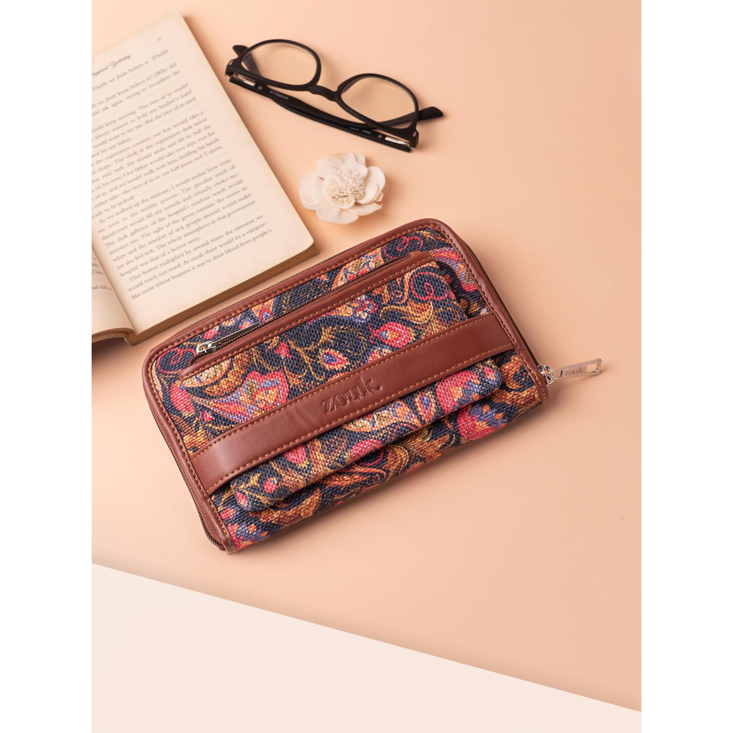 ZOUK Women's Vegan Leather and Jute Handmade Classic Wallet with Mobile Phone Pocket (Multicolour)