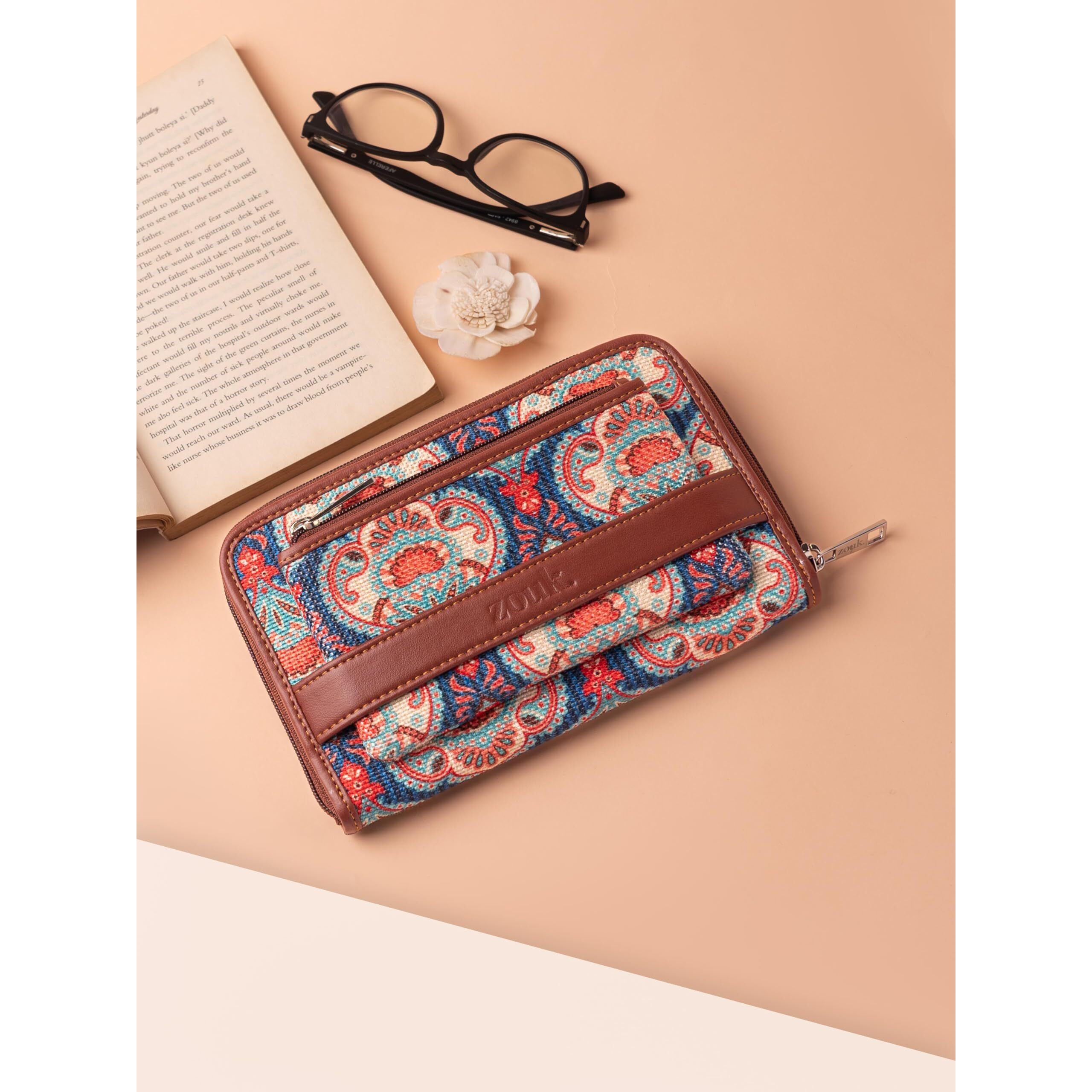 ZOUK Women's Vegan Leather and Jute Handmade Wallets with Mobile Phone Pocket (Multicolour)