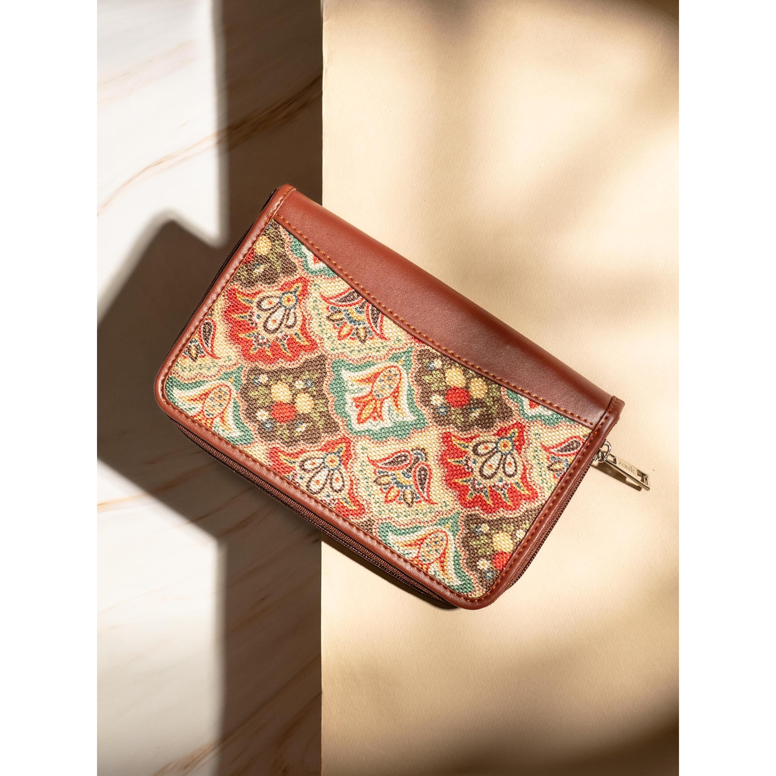 ZOUK Women's Handmade Vegan Leather Wallets and Jute Purse for Ladies - Clutch with Indian Print - Wallets for Mobile Phones