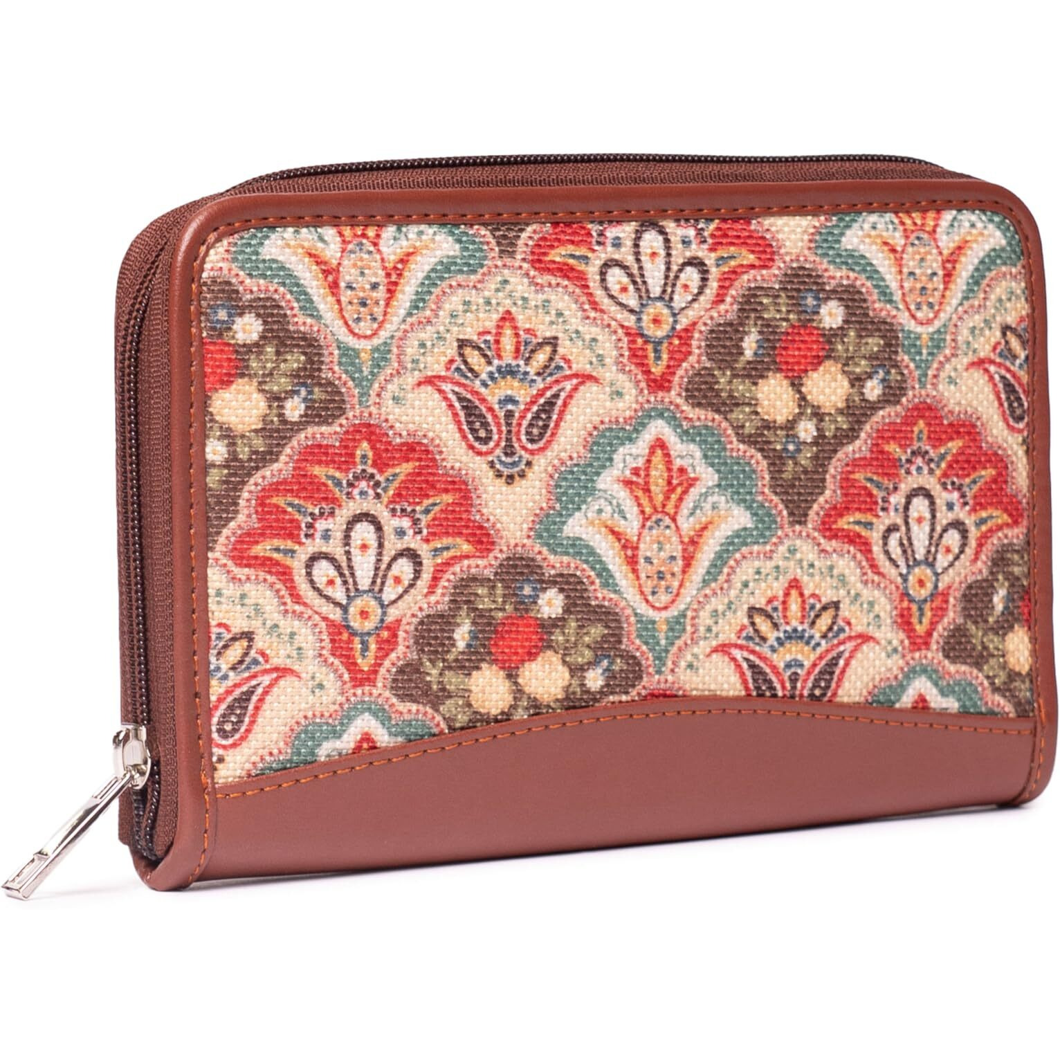ZOUK Women's Handmade Vegan Leather Wallets and Jute Purse for Ladies - Clutch with Indian Print - Wallets for Mobile Phones