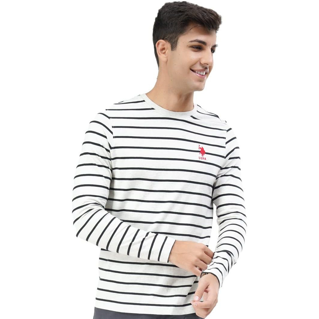 U.S. POLO ASSN. Men Comfort Fit Stripe Cotton I689 Regular Fit T-Shirt - Pack of 1 (Lt.Grey Mel/Black M)