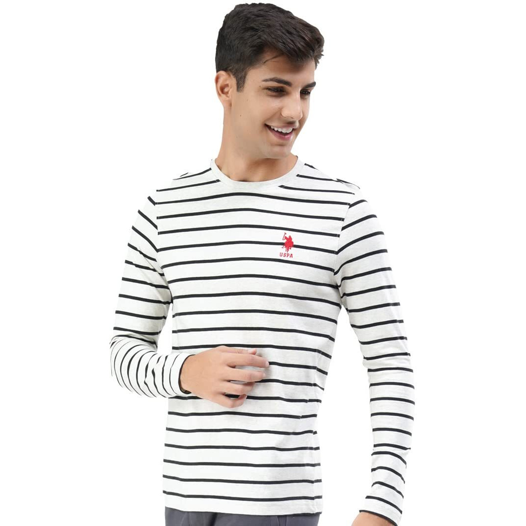 U.S. POLO ASSN. Men Comfort Fit Stripe Cotton I689 Regular Fit T-Shirt - Pack of 1 (Lt.Grey Mel/Black M)