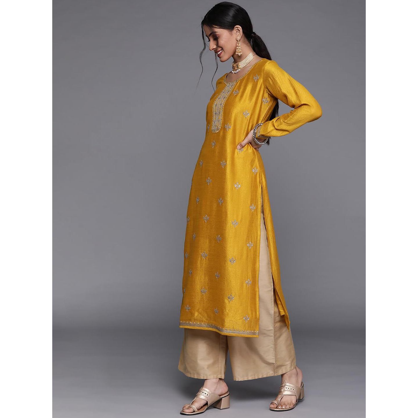 Libas Women's Silk Embellished Straight Kurta (23491O_Yellow