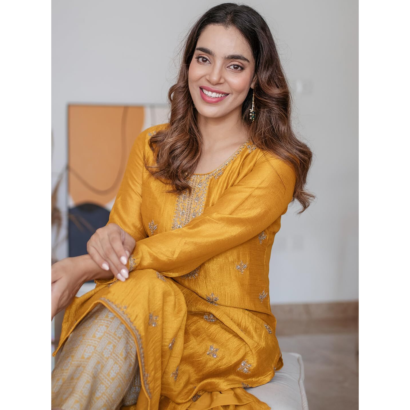 Libas Women's Silk Embellished Straight Kurta (23491O_Yellow