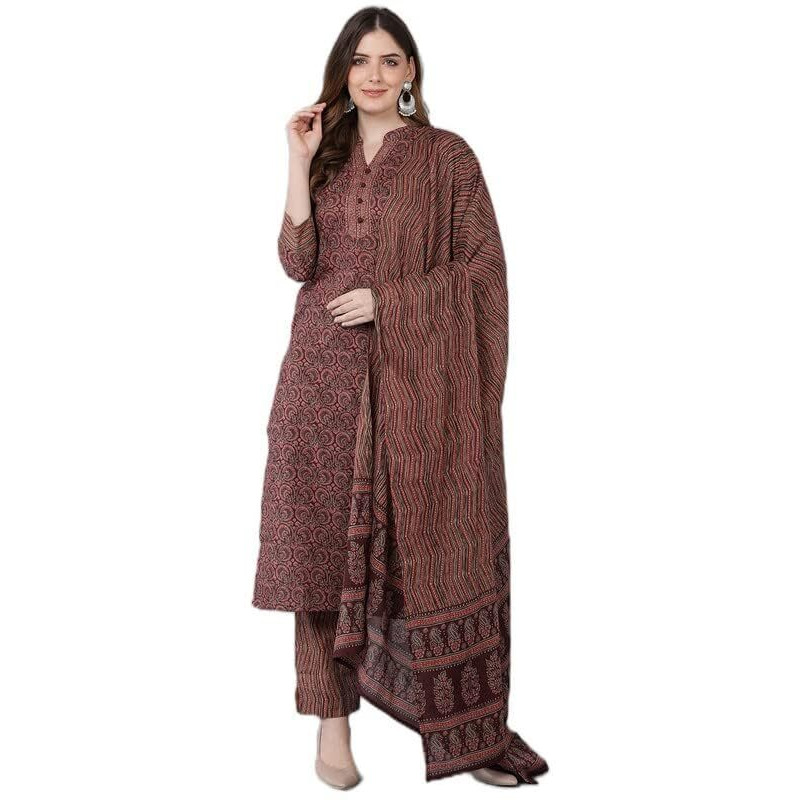 Vaamsi Women's Printed Kurta Trousers With Dupatta (VKSKD1544_L_Maroon)