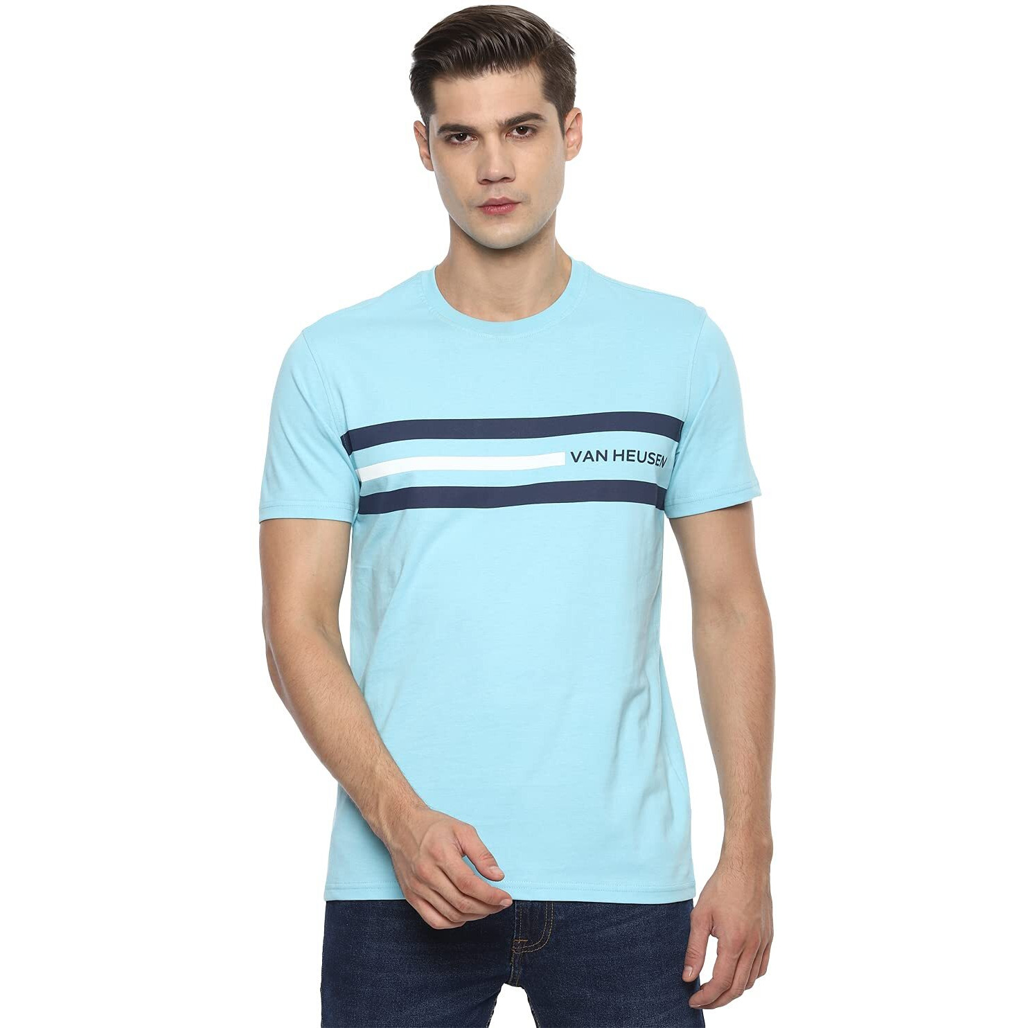 Van Heusen Men's Solid Regular Fit T-Shirt (VSKCURGBZ06257_Multi-Sky M)