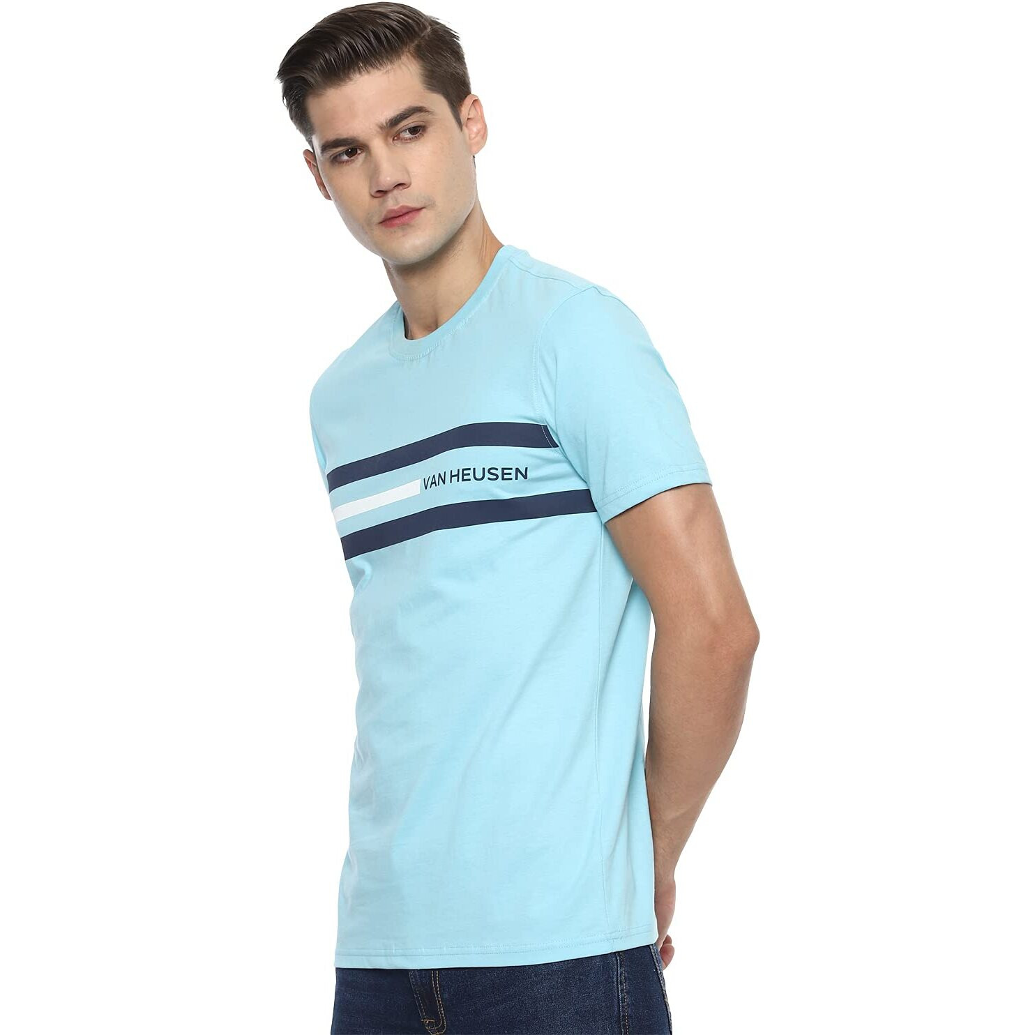Van Heusen Men's Solid Regular Fit T-Shirt (VSKCURGBZ06257_Multi-Sky M)