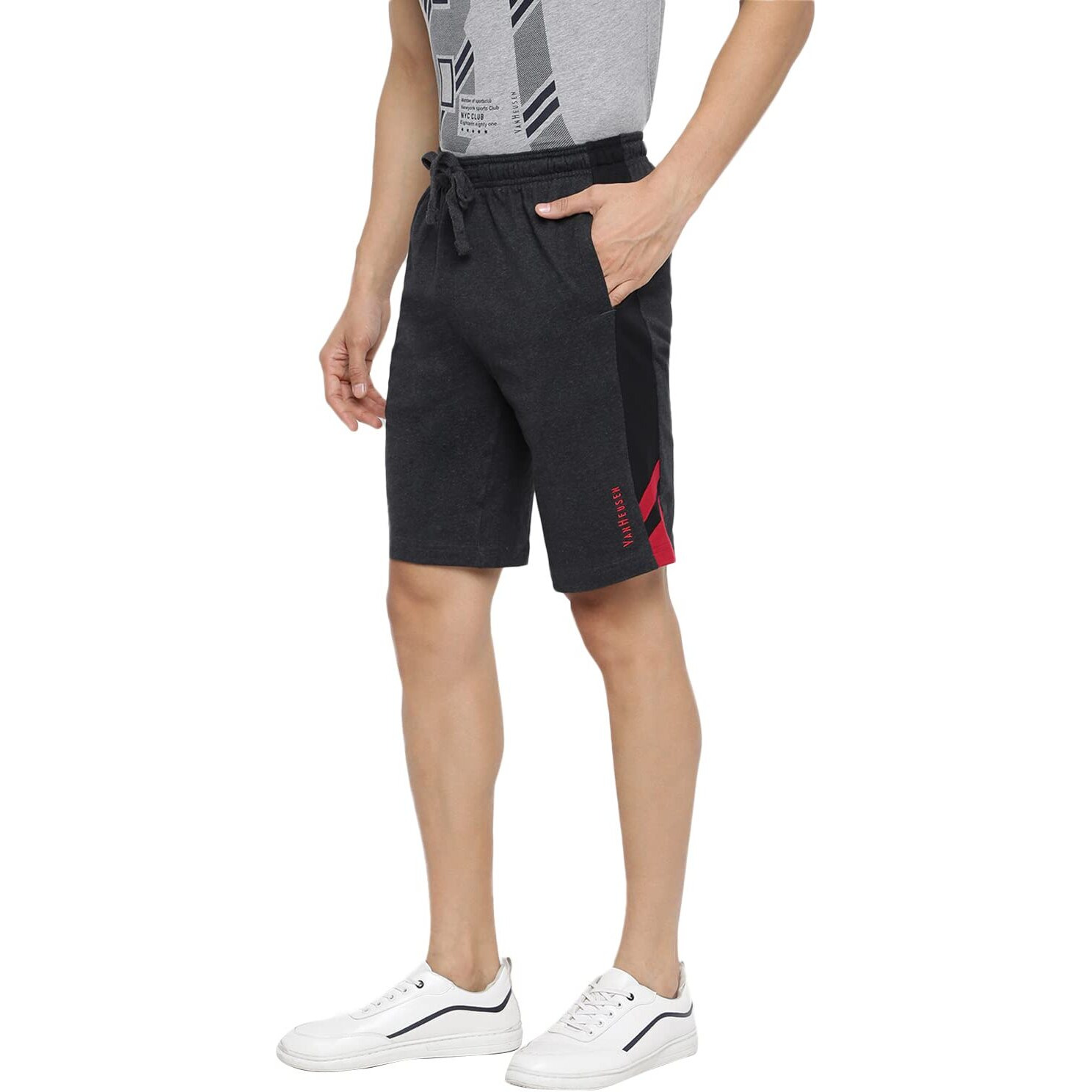 Van Heusen Athleisure Men Knit Shorts - Cotton Rich - Smart Tech, Easy Stain Release, Anti Stat, Ultra Soft, Moisture Wicking Charcoal Melange