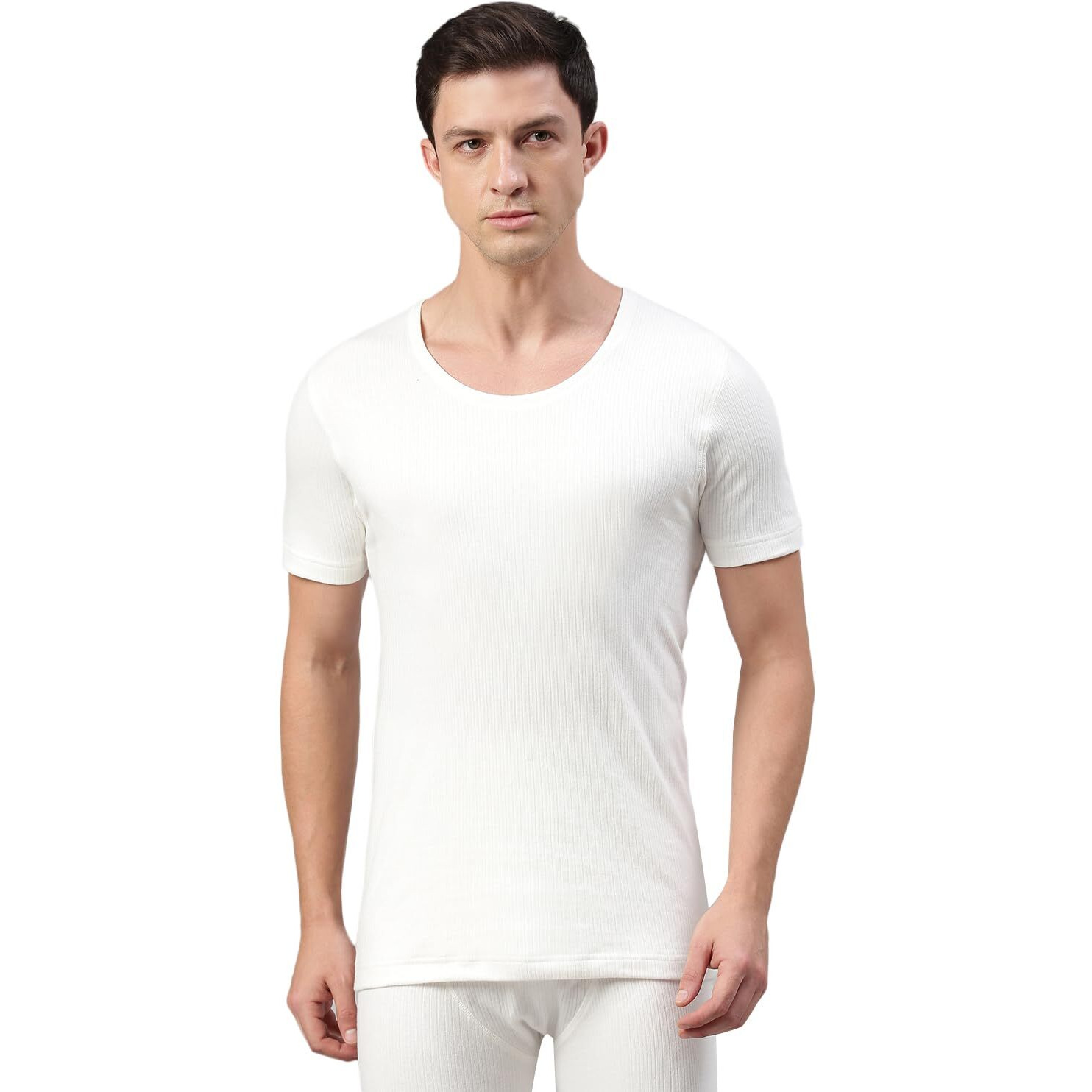Van Heusen Men Thermal Skinny Fit Top-Cotton Viscose Blend-Anti Bacterial, Low Neck, Short Sleeve_71001_Ivory_M